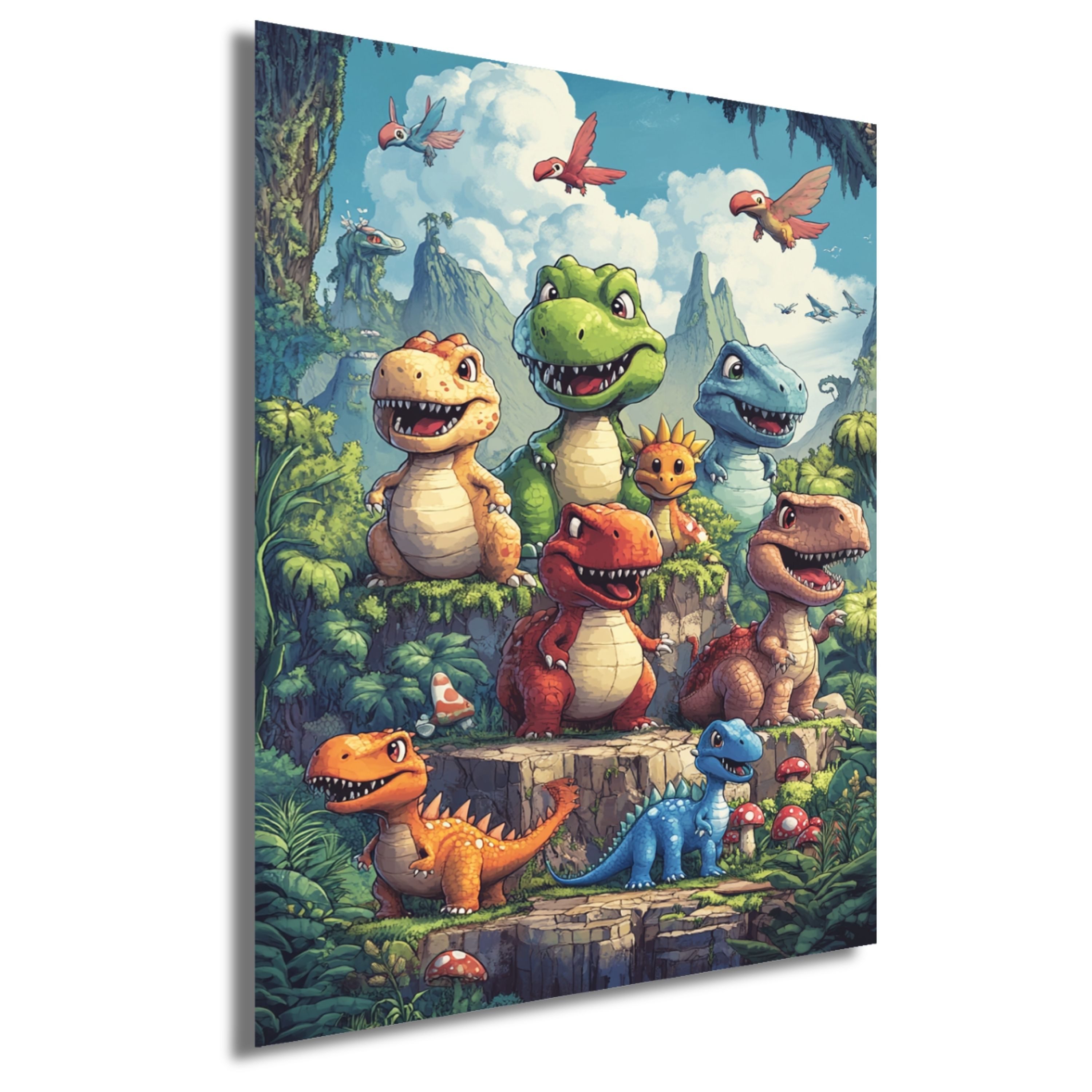 DARO Design Leinwandbild Modern Abstrakt Wandbilder XXL Wandbild Wand Deko Leinwand Bilder, (Dinos mit Vulkan - Bild groß Wohnzimmer Schlafzimmer Küche Esszimmer Einteilig Querformat Fotodruck Leinwände Wanddeko Abstrakte Kunst Boho), 84x56cm