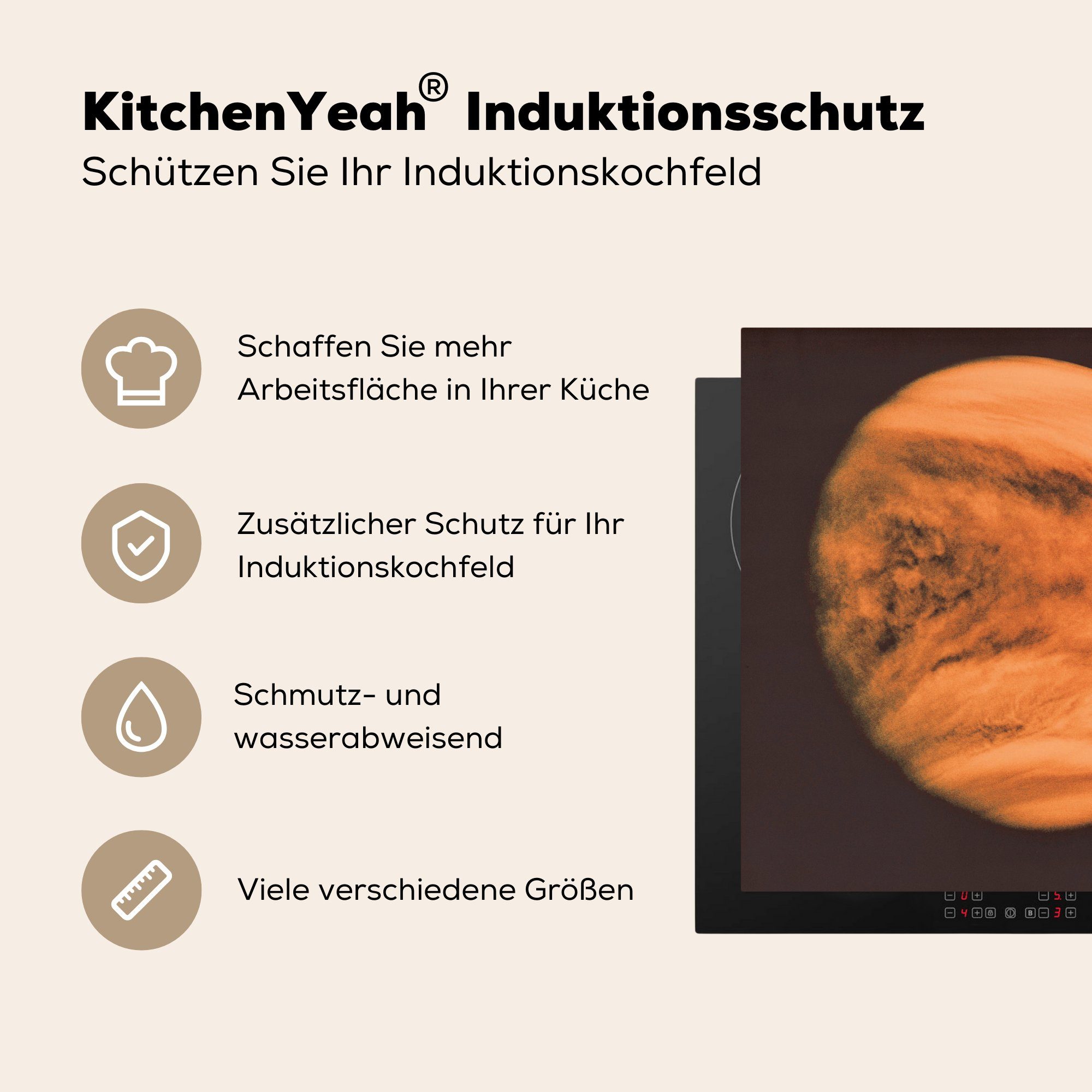 MuchoWow Herdblende-/Abdeckplatte Planet Ceranfeldabdeckung, tlg), Vinyl, Hintergrund, für 78x78 vor Venus küche Der cm, dunklen Arbeitsplatte (1 einem
