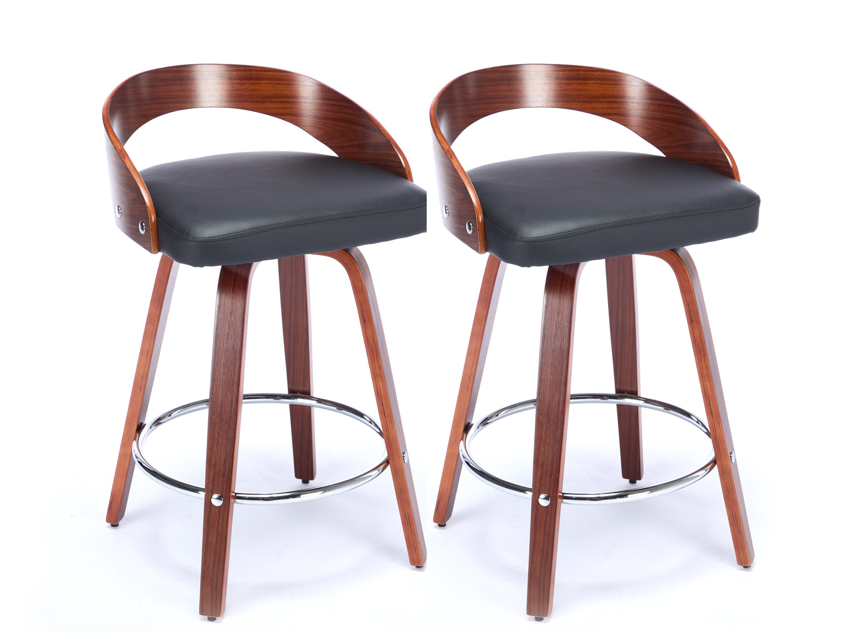 SeedWave Barhocker mit Lehne, 2er Set Drehocker mit PU-Ledersitz, Metall Ring-Fußstütze, Retro Industriestil Barstuhl, Holzbeine mit verstellbaren Fußgleitern