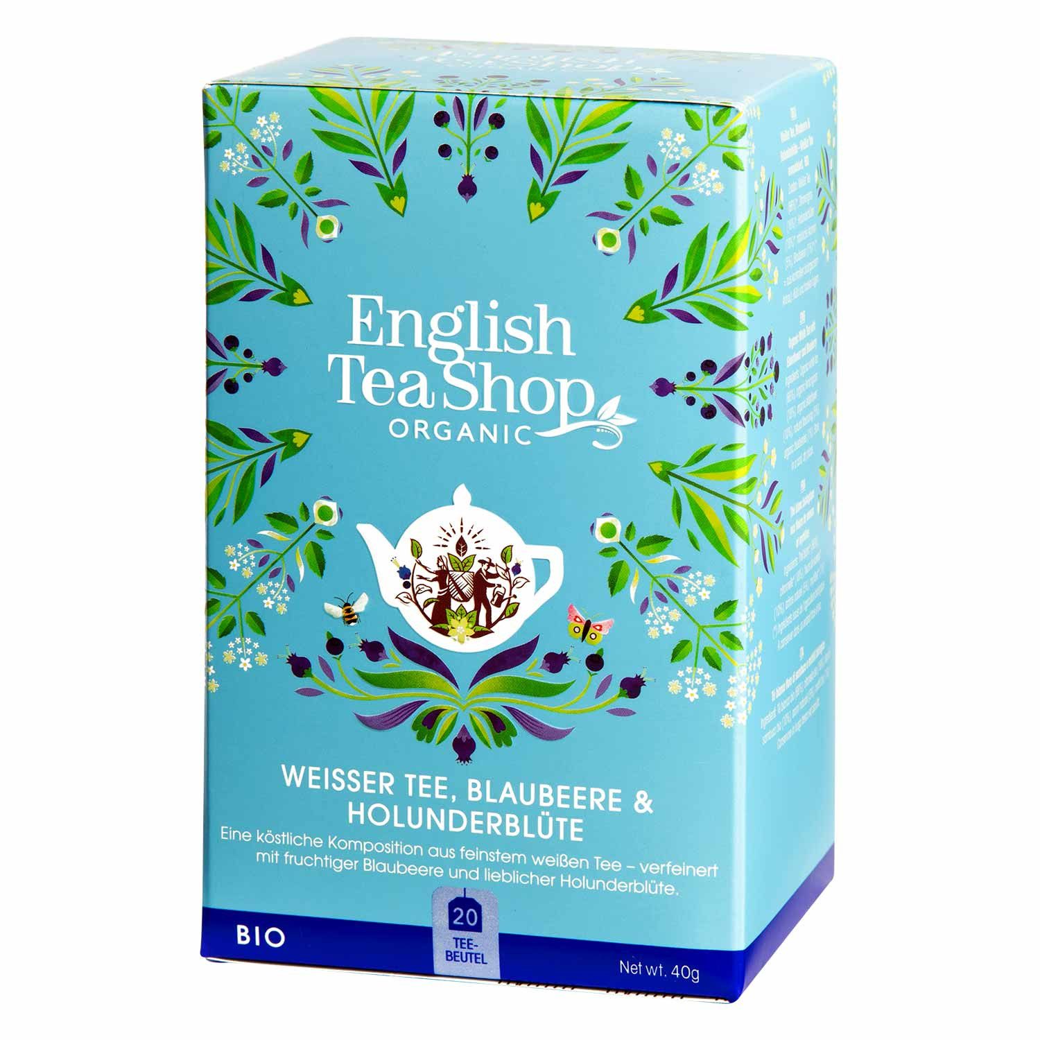 English Tea Shop Tee Weißer Tee, Blaubeere & Holunderblüte, BIO, 20 Teebeutel, Sanft, leicht herb, mit einem Hauch Blaubeere und lieblichem Holunder