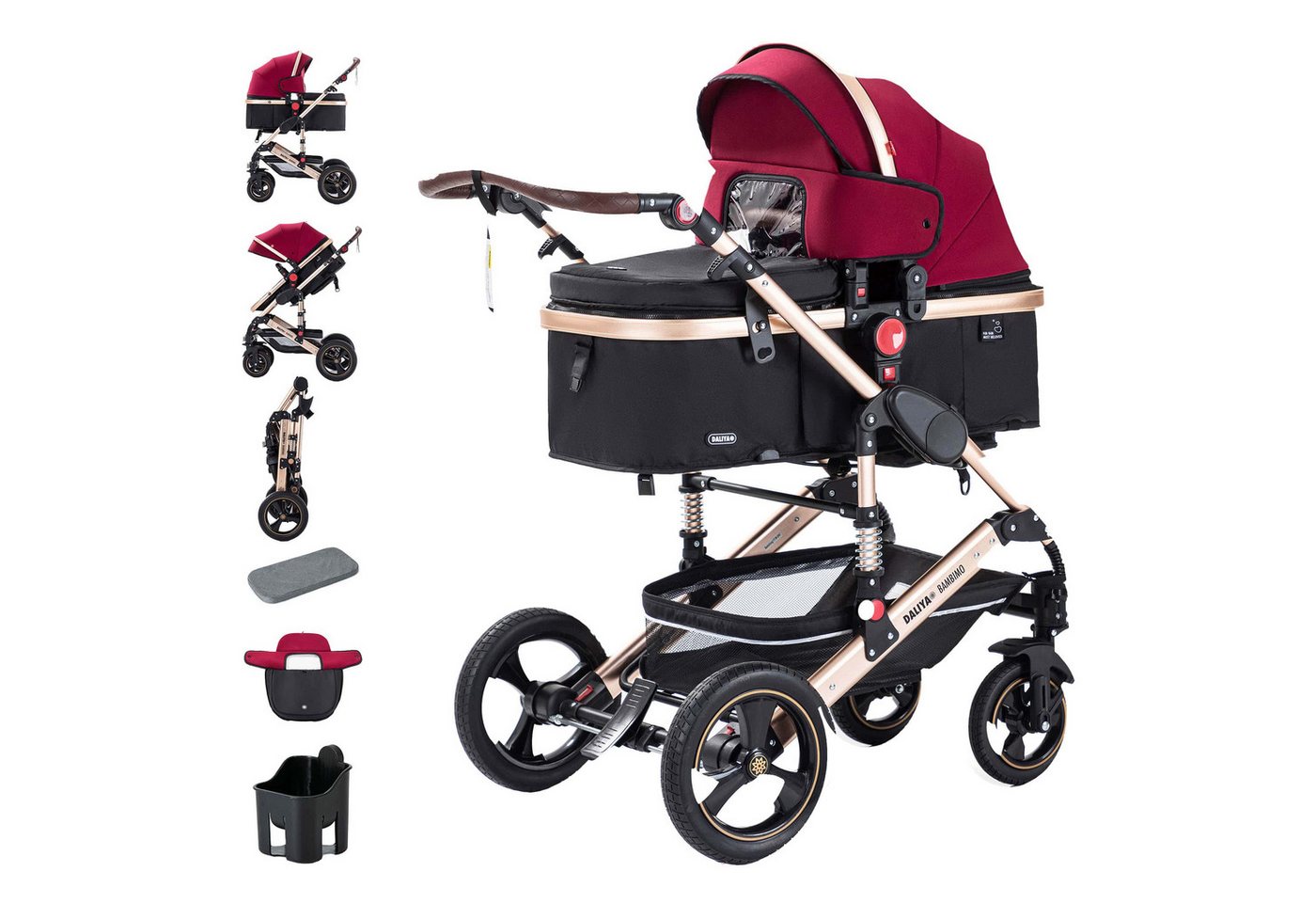 Daliya® Kombi-Kinderwagen BAMBIMO 2in1 Kinderwagen & Buggy, Babywanne und Sportsitz, Alu-Rahmen, (Grundausstattung für Babys, 9-tlg), Großer Einkaufskorb, Federung, weiche Matratze, Belüftungssystem