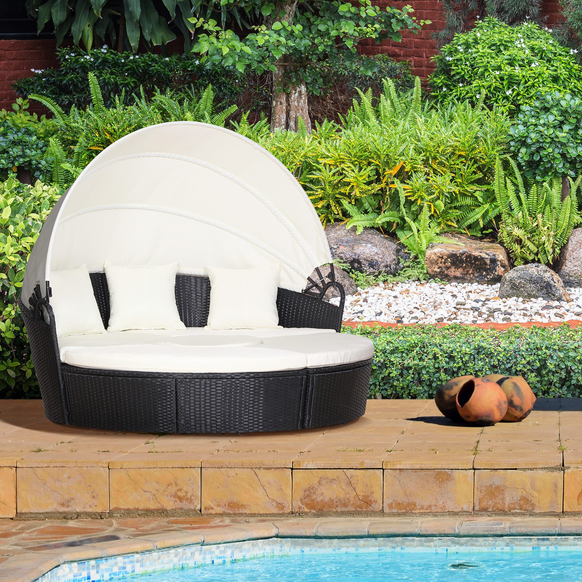 Outsunny Gartenlounge-Set Rattan Sonneninsel mit Sonnendach, Kissen und Beistelltisch, (Sitzgruppe, 4-tlg., Loungegruppe), Metall, Creme, 180 x 175 x 147 cm