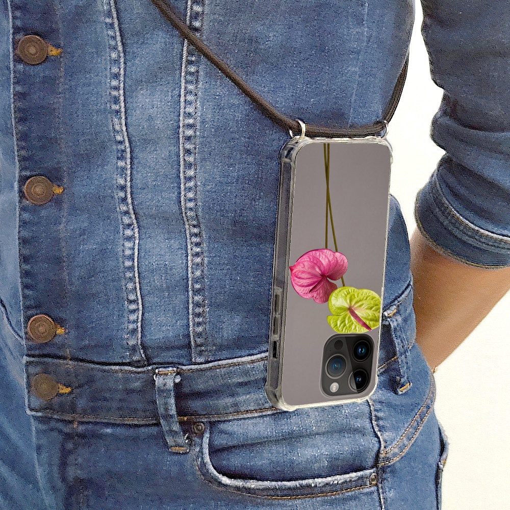 MuchoWow Handyhülle für Apple iPhone 14 Pro Max Pflanzen - Anthurium - Grün - Rosa, Tragbare Handyhüllen mit Kette zum umhängen, Handykette Handyband