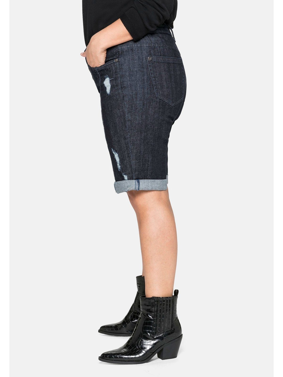 black Denim blue mit Stretch-Anteil Große Jeansbermudas Größen Sheego