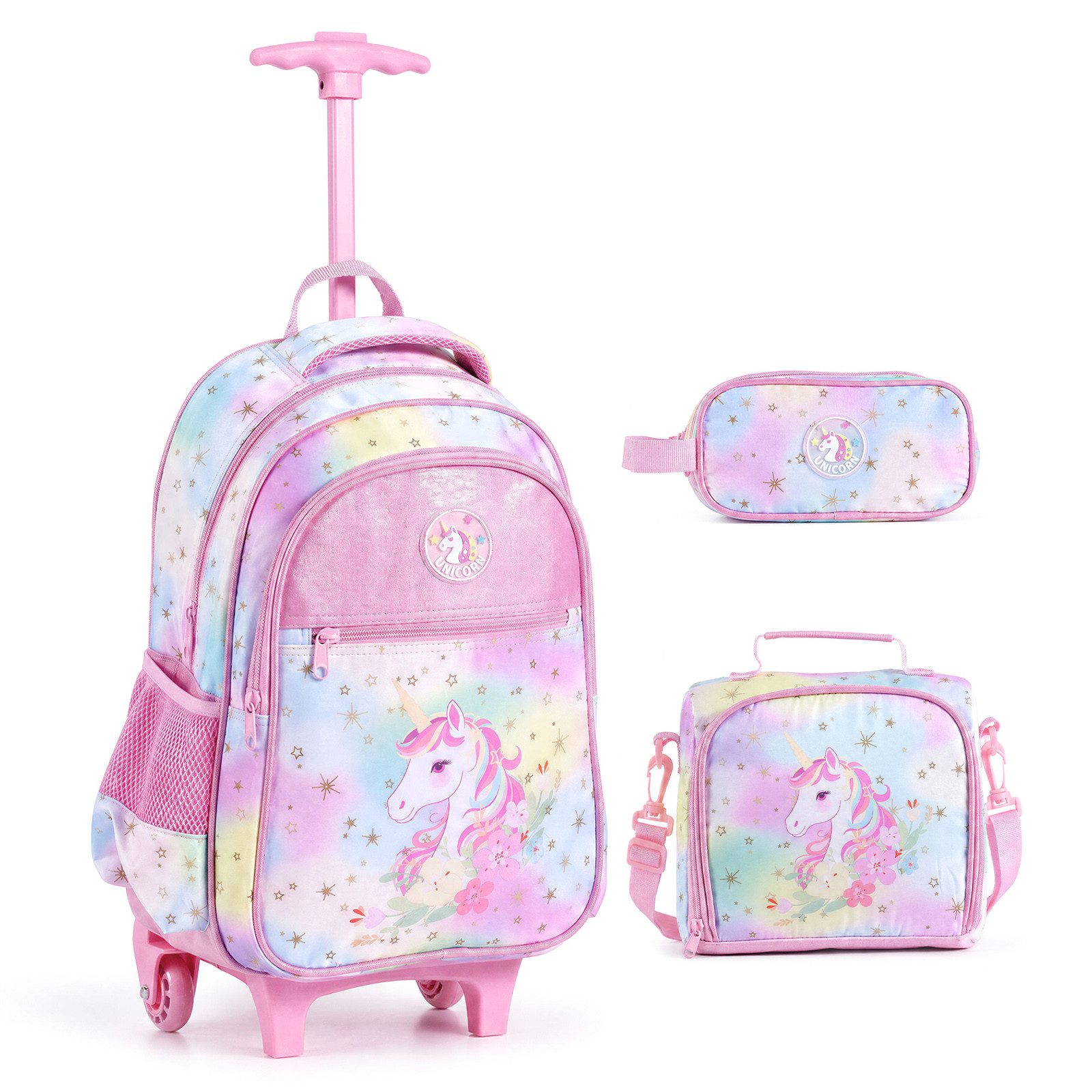 COSTWAY Kinderkoffer 3-teiliges Rollrucksack Set, 2 Rollen, Schulrucksack