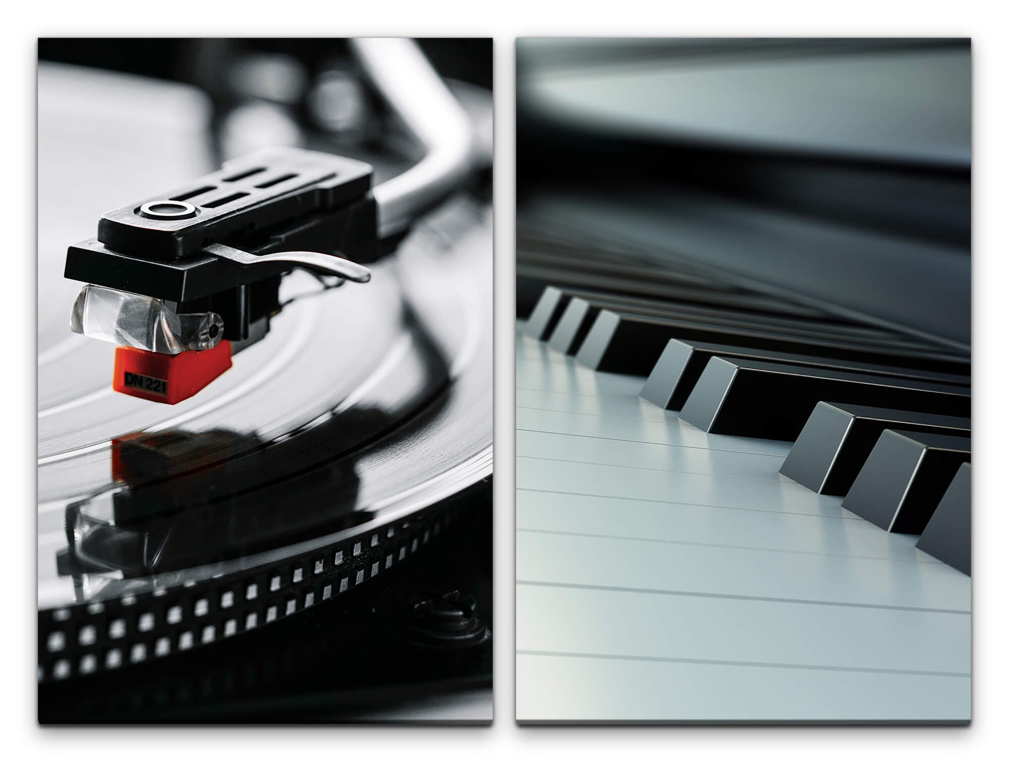 Sinus Art Leinwandbild 2 Bilder je 60x90cm Klavier Klaviertasten Plattenspieler Audiophile Vinyl Musik Schallplatte