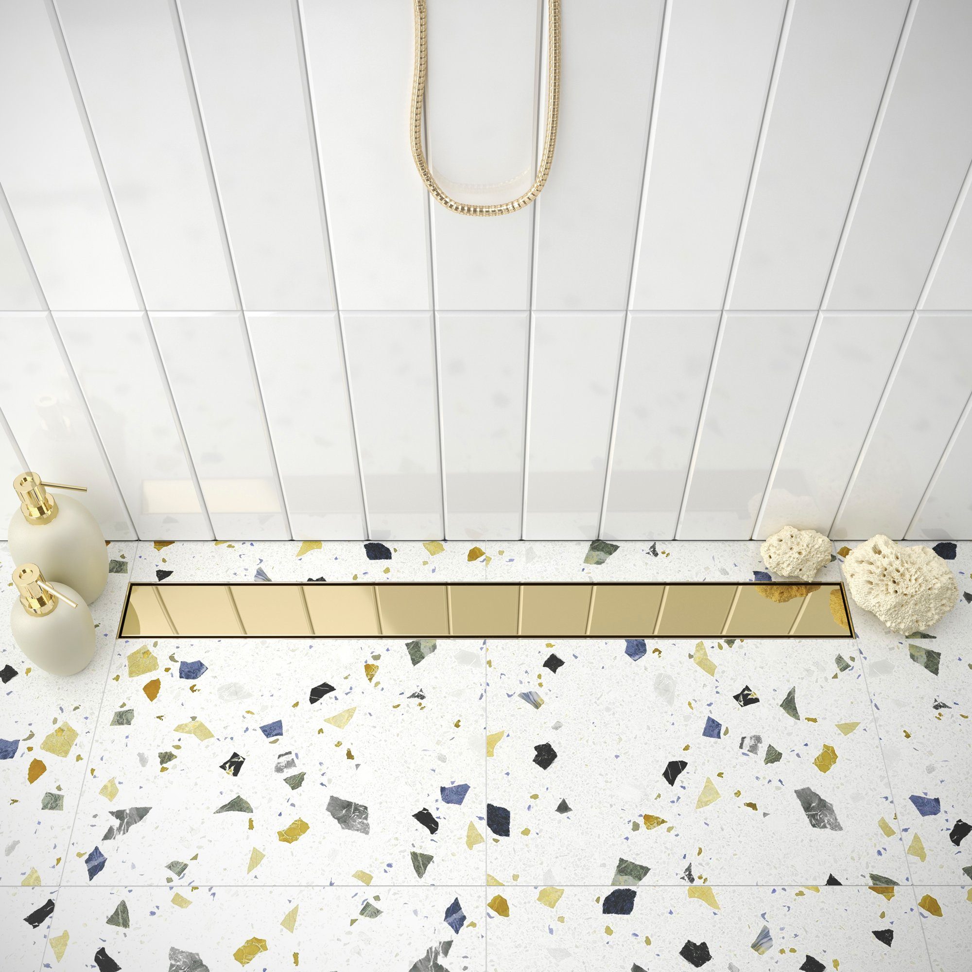 Aquabad® Duschrinne Edelstahl Hochglanz PVD Beschichtet, Viega Ablauf, Komplett-Set, Farbe: Gold