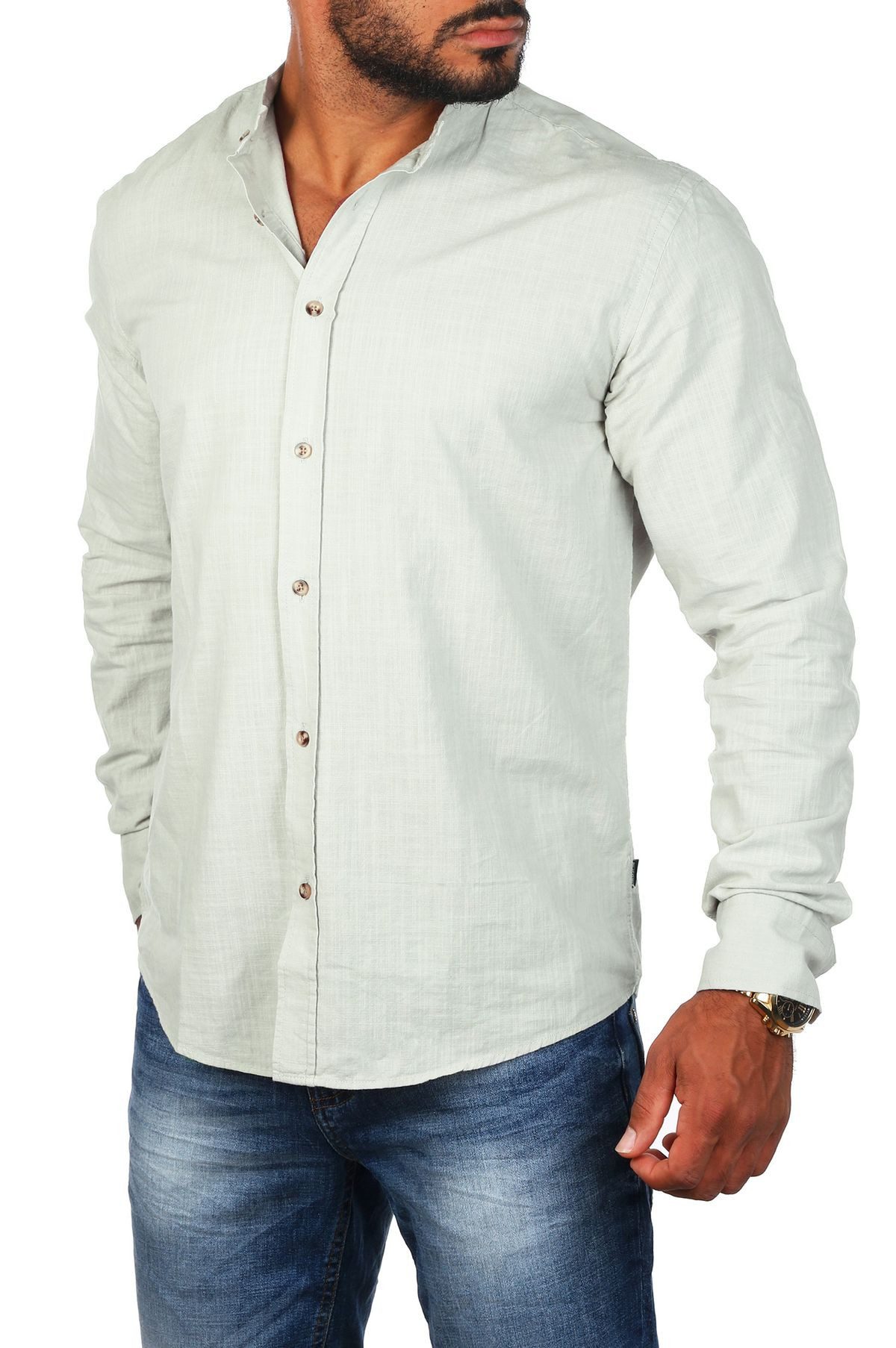 CARISMA Langarmhemd Herren Leinen Baumwoll Mix Hemd 8389 Regular Langarm Stehkragen Uni – Bild 2 von 3