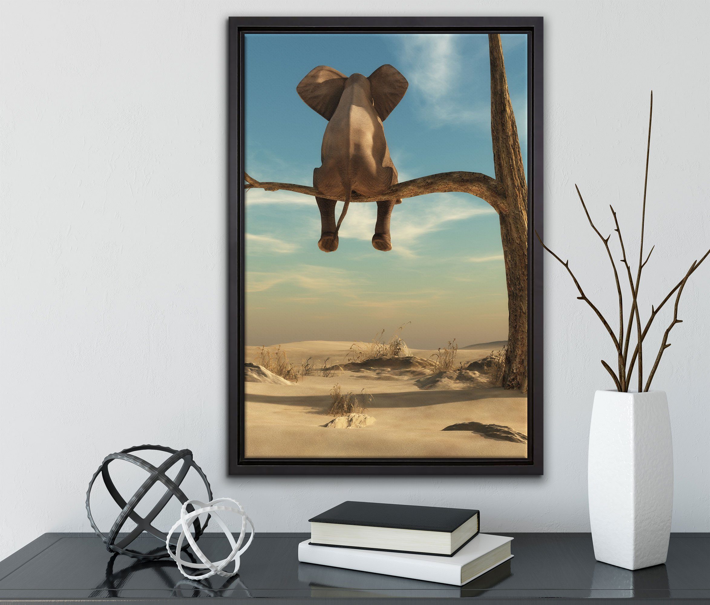 Leinwandbild gefasst, fertig der Ast (1 in Leinwandbild Elefant Zackenaufhänger einem in Wanddekoration Schattenfugen-Bilderrahmen St), bespannt, Wüste, einem auf inkl. Pixxprint