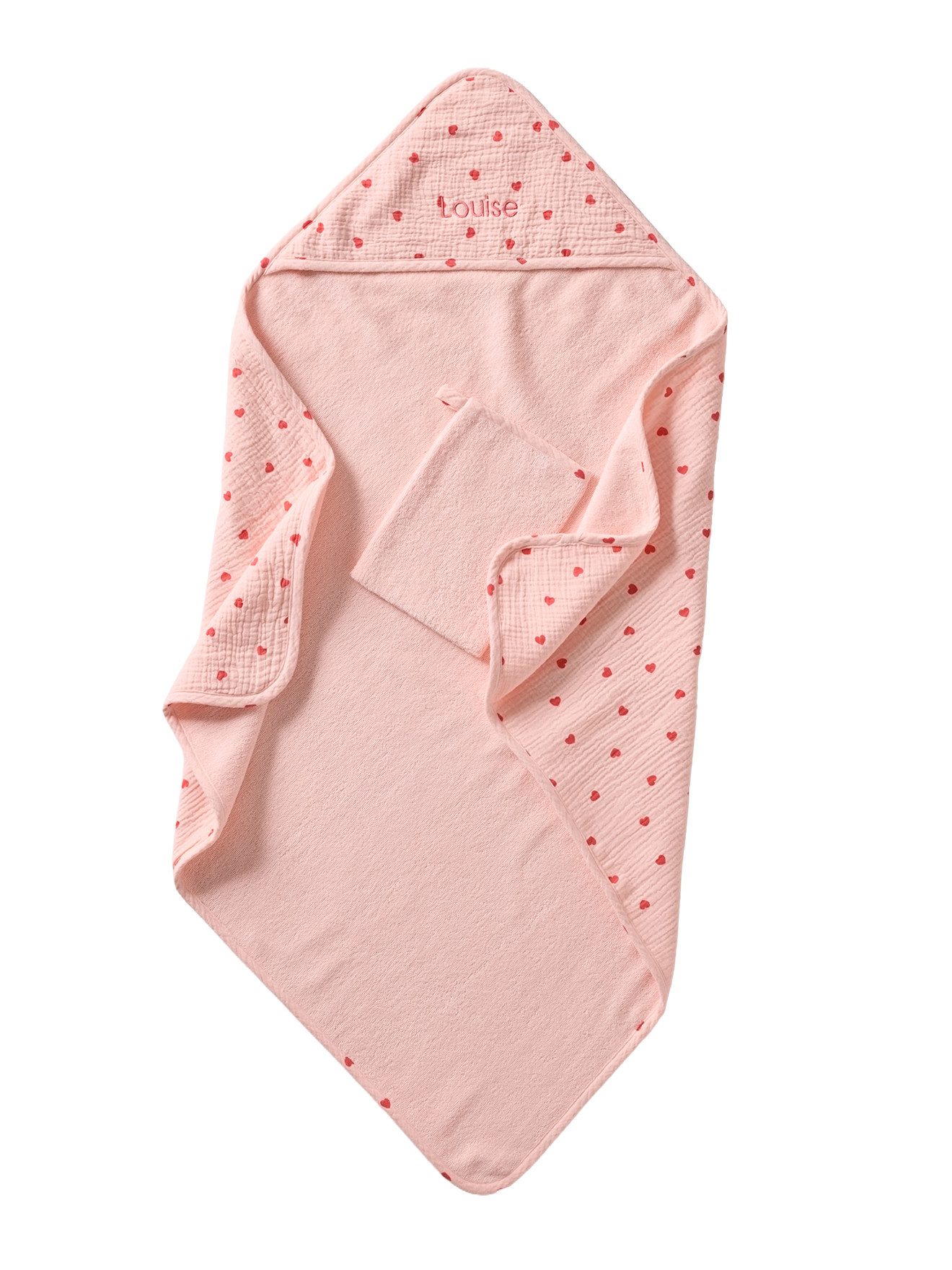 vertbaudet Kapuzenhandtuch Set aus Badecape & Waschhandschuh Baby MEIN HERZ, Herzmotiv