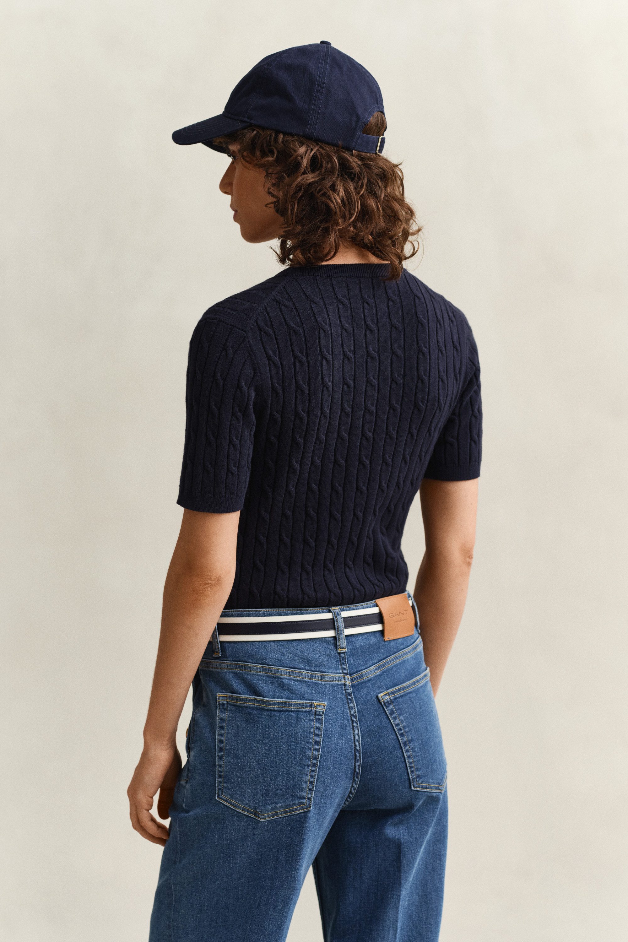 Gant Kurzarmpullover STRETCH COTTON CABLE Slim fit mit Rundhalsausschnitt