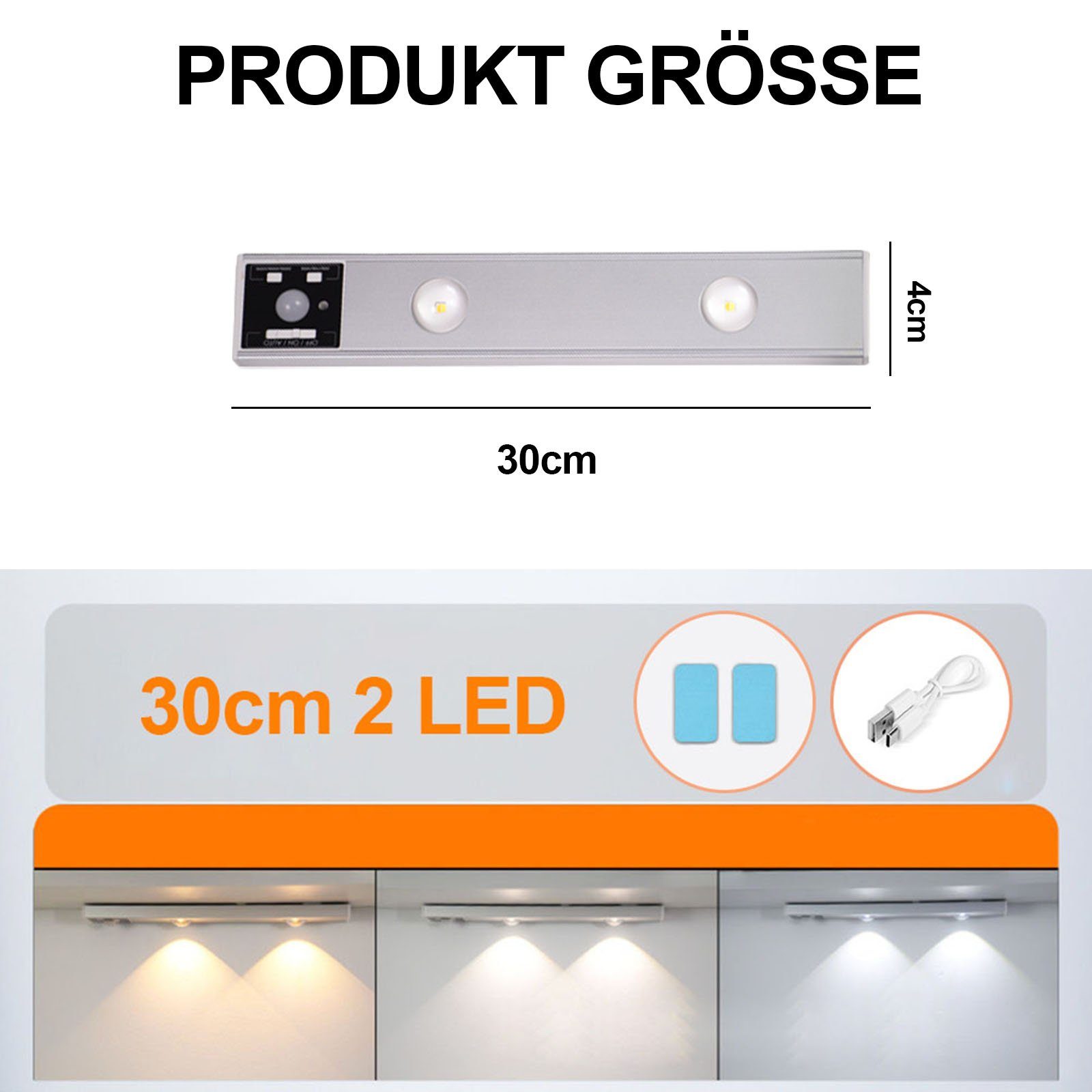 LED Kaltweiß, Warmweiß, Treppe, Schrank für 6500K Rosnek Lichtleiste 3 Kabellos, wiederaufladbar, Naturweiß, dimmbar, 4500K magnetisch 3000K Bewegungssensor, Lichtfarben,