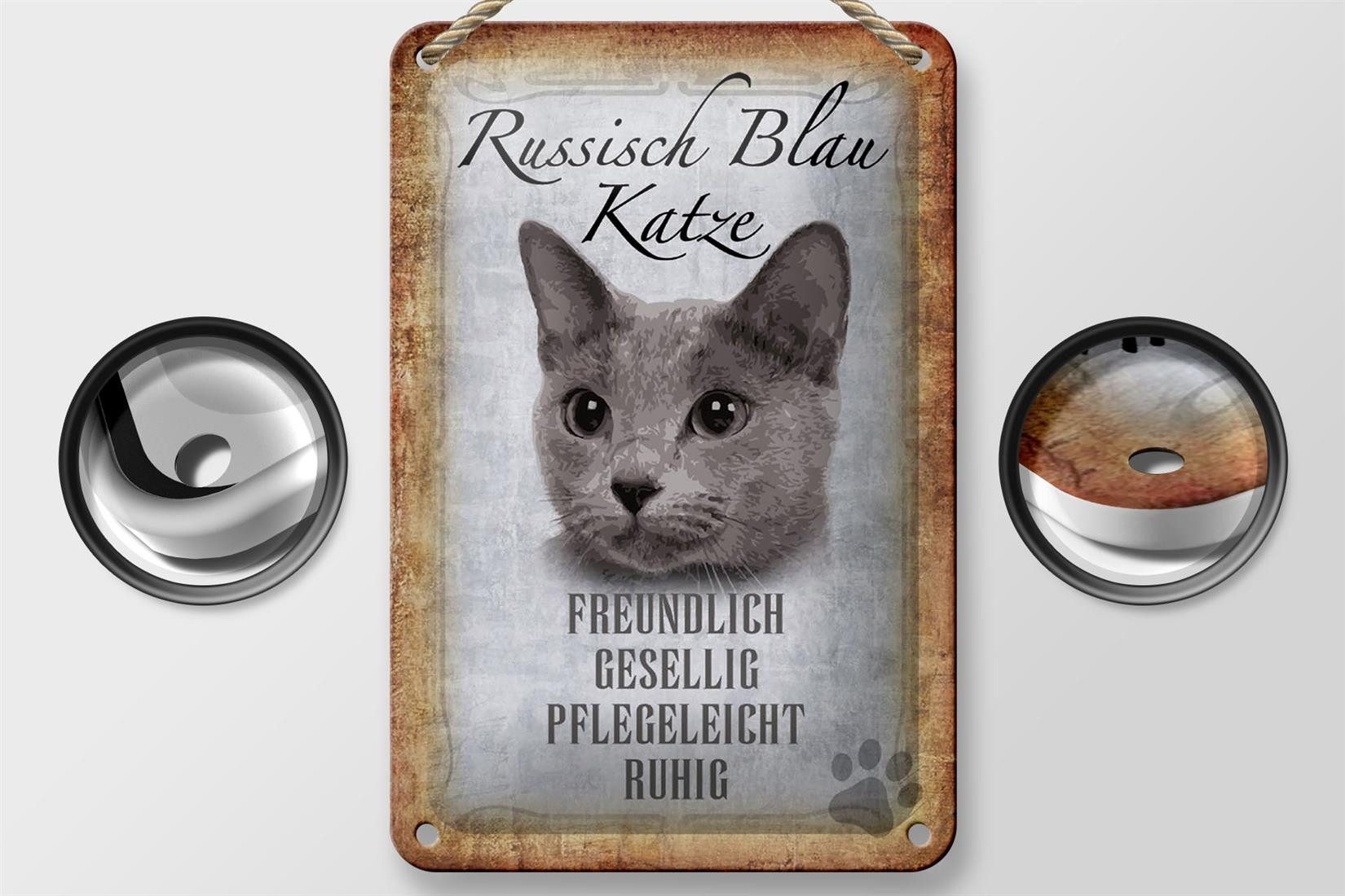 Femer GmbH Metallschild Spruch 12x18cm russisch blau Katze, (1 St), gewölbte Oberfläche, abgerundete Ecken, umgeschlagene Kanten