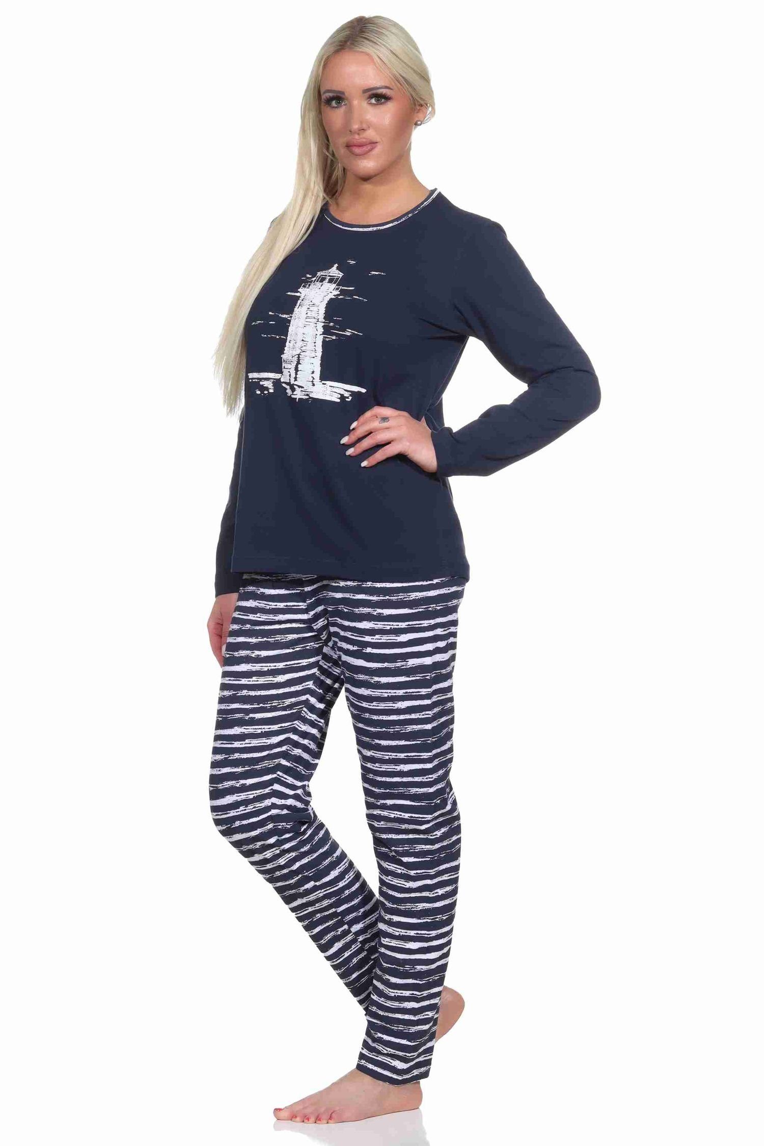 Normann Pyjama Maritim gestreifter Damen langarm Schlafanzug mit Leuchtturm Motiv – Bild 3 von 5