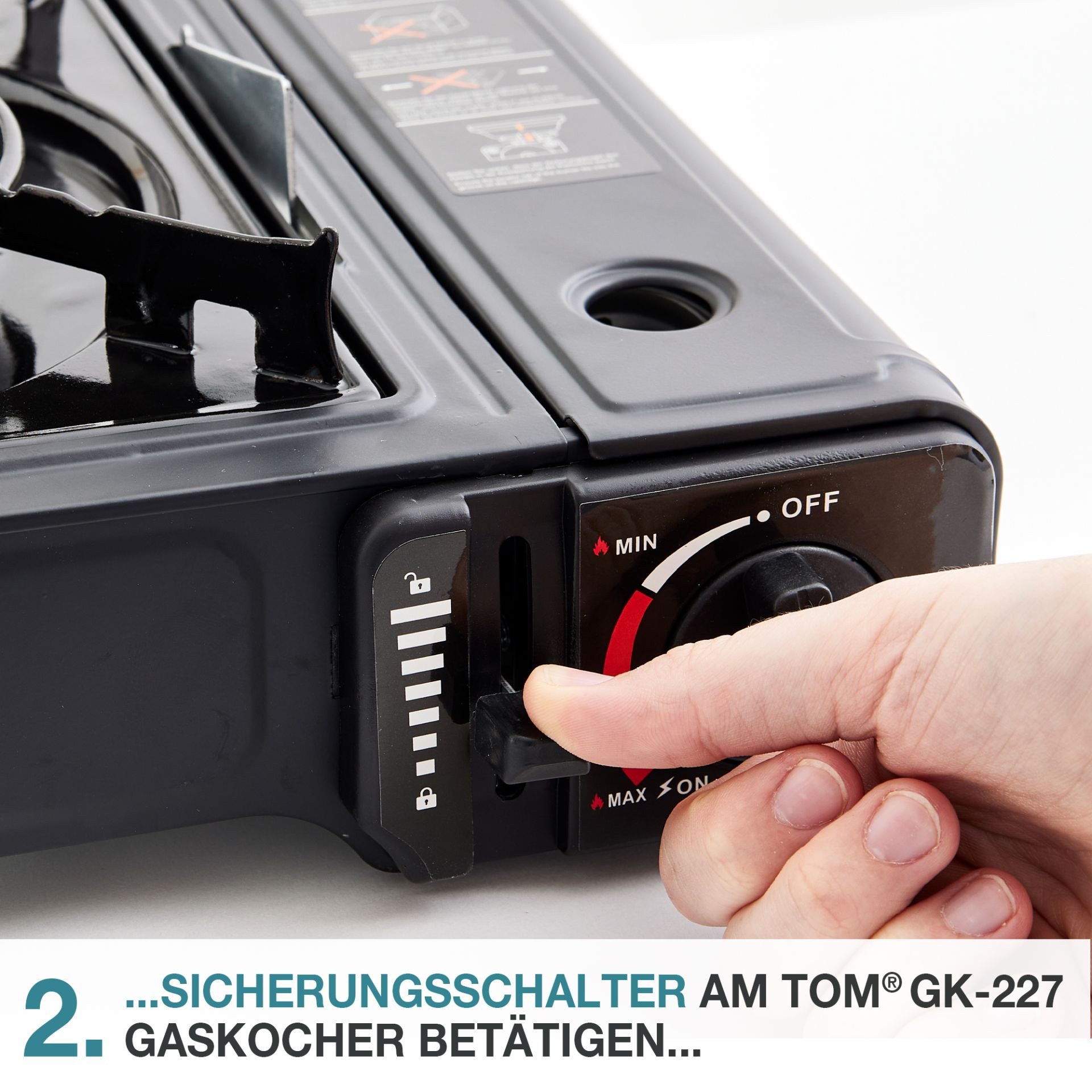 TOM Gaskocher Campingkocher Edelstahl mit 227g Gaskartuschen und Box 2,2kW, (1-St), Piezozündung, Stufenlos Regulierbar, verschiedene Sets
