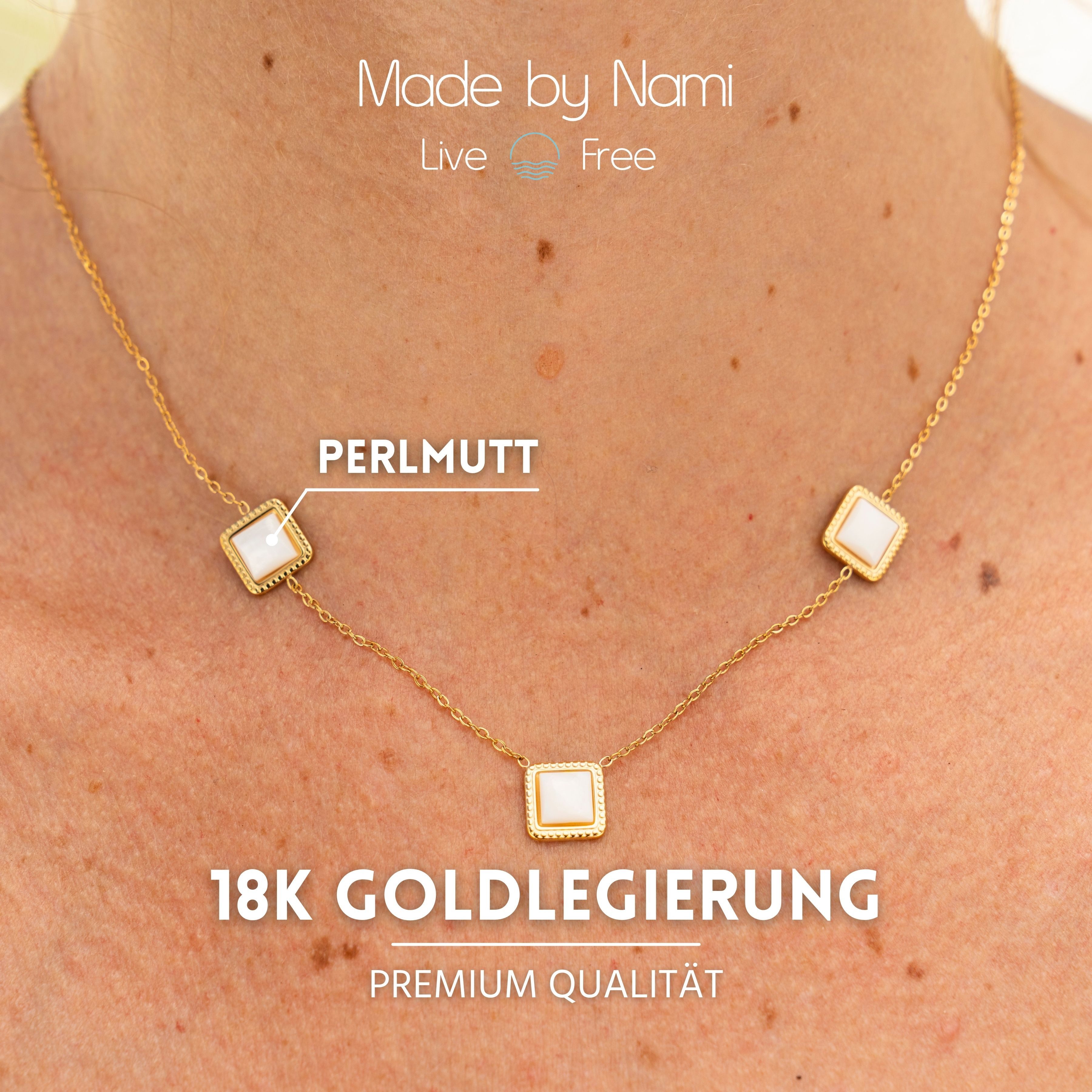 Made by Nami Edelstahlkette Damen Gold mit Viereckigen Edelsteinen aus Chirurgischem Edelstahl, Damen Geschenke für Frauen Hypoallergen Wasserfester Schmuck für Mama