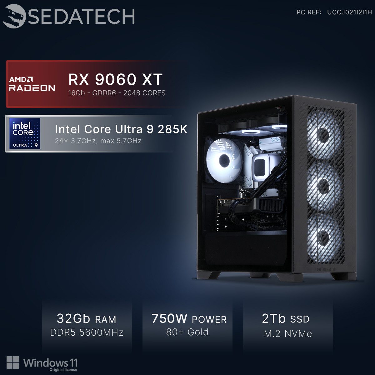 Sedatech UCCJ021I2I1HF - Watercooling Gaming-PC (Intel Intel Core Ultra 9 Intel Core Ultra 9 285K 24x 3.7GHz (max 5.7GHz), Radeon RX 9060 XT 16GB, 32 GB RAM, 2000 GB SSD, Watercooling, Wlan 6E)