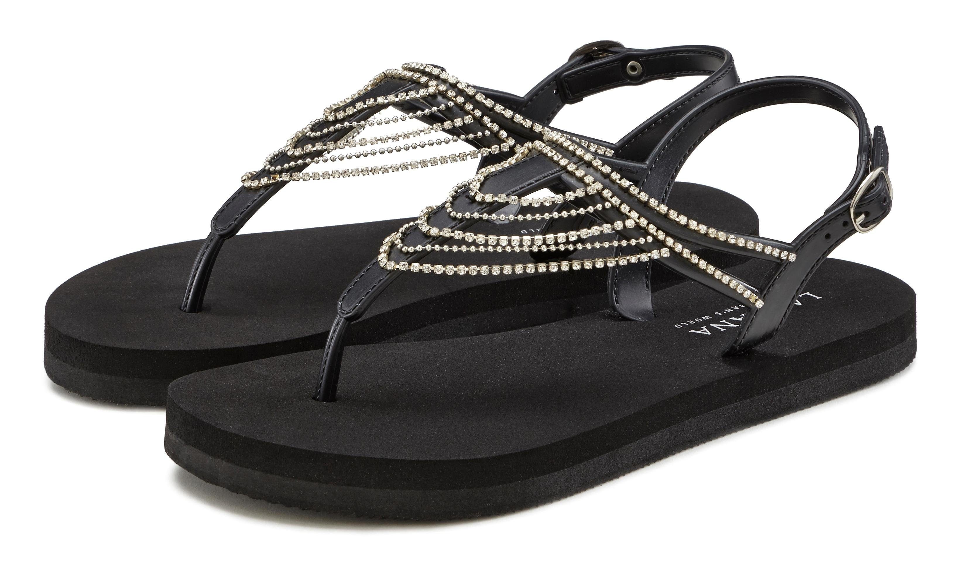 LASCANA Badesandale Sandale, Badeschuh, Sommerschuh, VEGAN mit Strass-Kette Zehentrenner