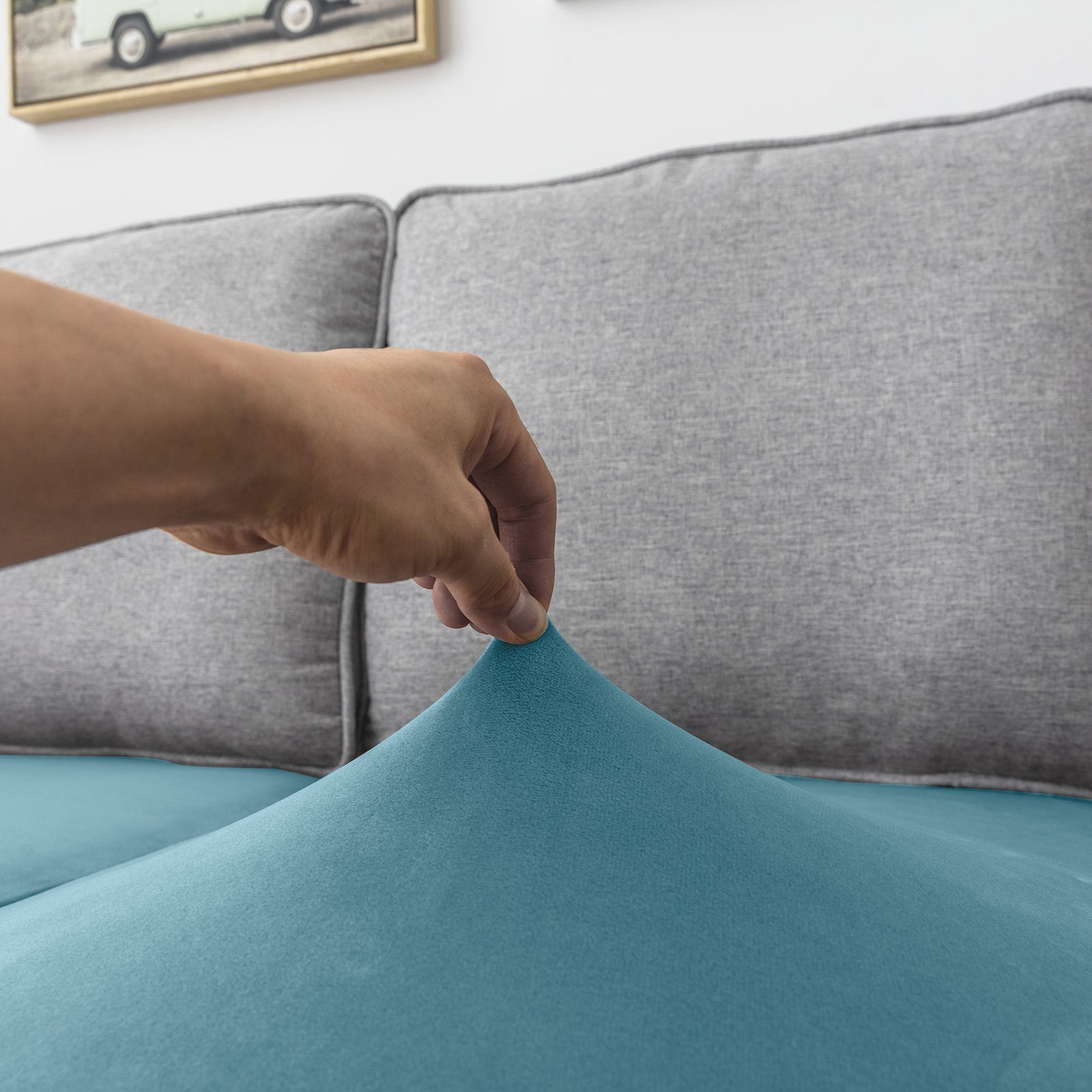 Sofahusse Samt, Stretch, elastischer Sofa, für mit Rosnek Blau Unterseite