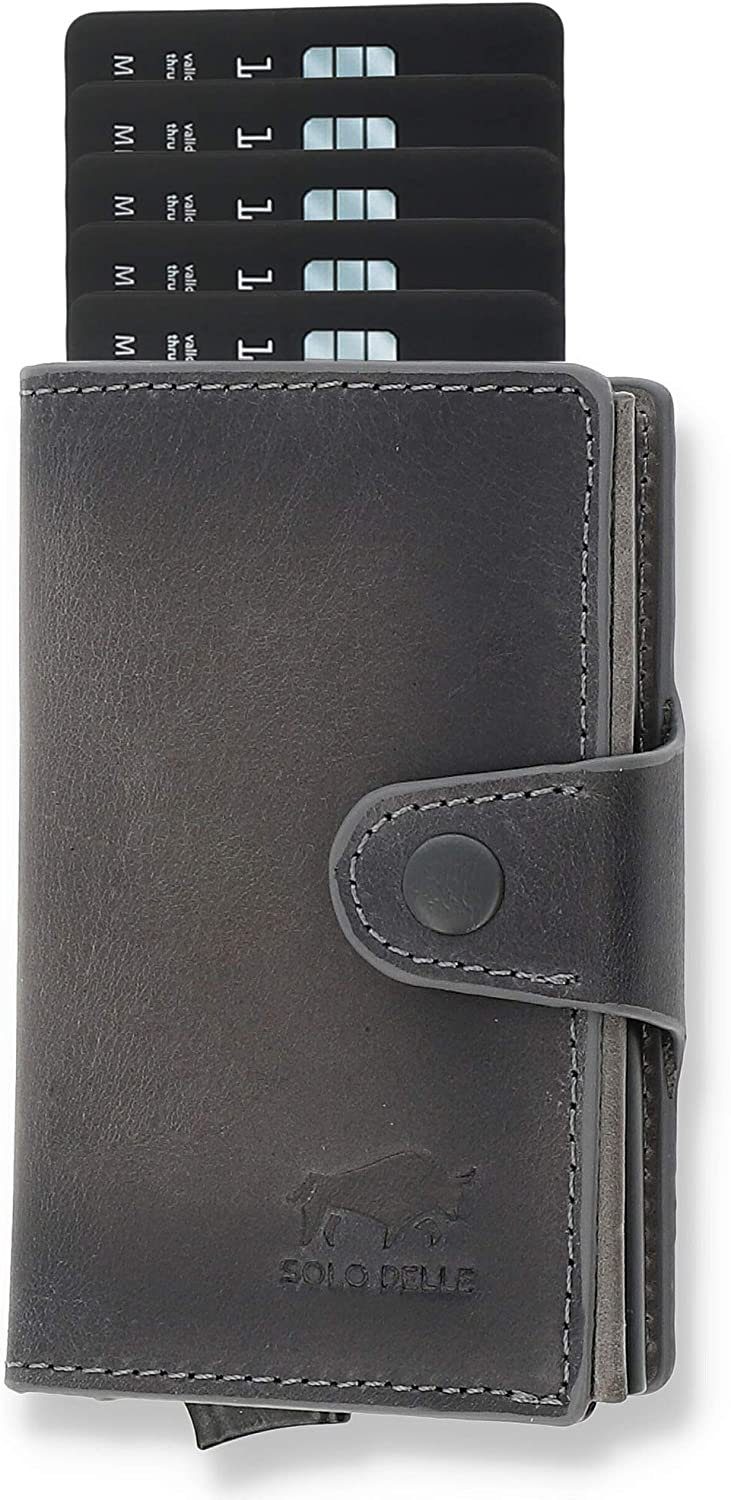 Solo Pelle Mini Geldbörse Slim Wallet Mondo ohne Münzfach [bis zu 13 Karten] [RFID-Schutz], echt Leder, Made in Europe, mit RFID Schutz Steingrau