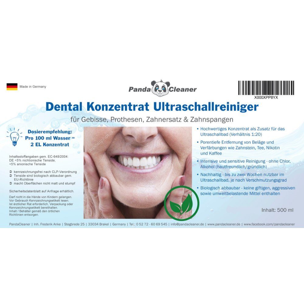 PandaCleaner Dental Konzentrat Ultraschallreiniger - Für Gebisse & Prothesen Reinigungskonzentrat (1-St. 500ml Reinigungsflüssigkeit)