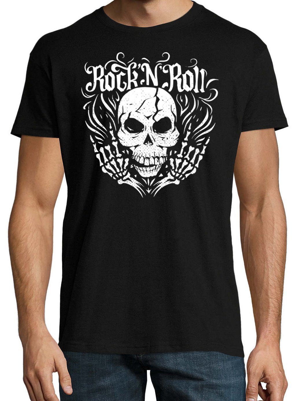 Rock T-Shirt and Youth Roll Skull Herren Frontdruck im Trendigem Schwarz Fun-Look mit T-Shirt Designz
