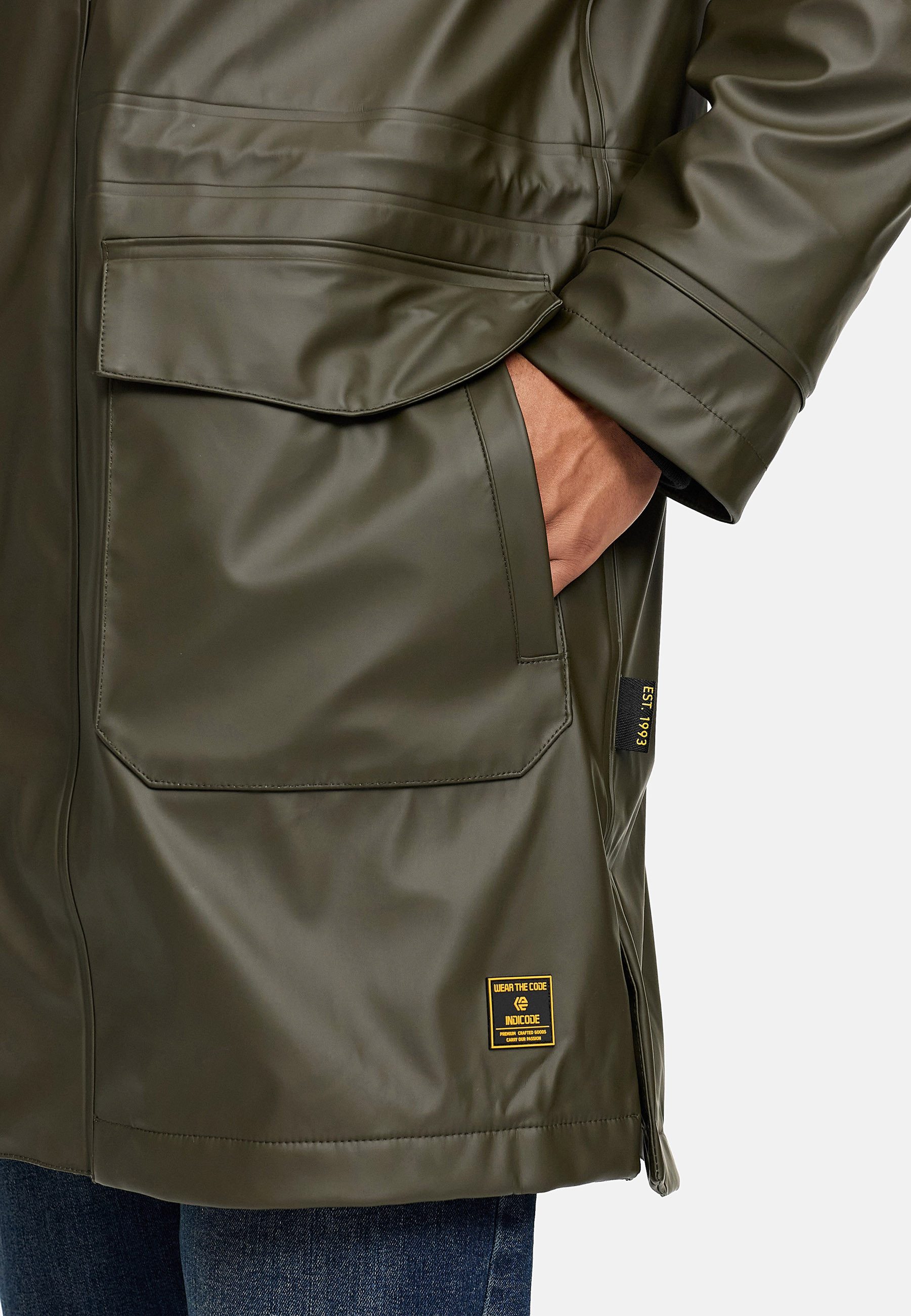 INDICODE Regenmantel Herren INTommy Nässeschutz Herrenjacke mit Kapuze und vielen funktionalen Taschen – Bild 4 von 5