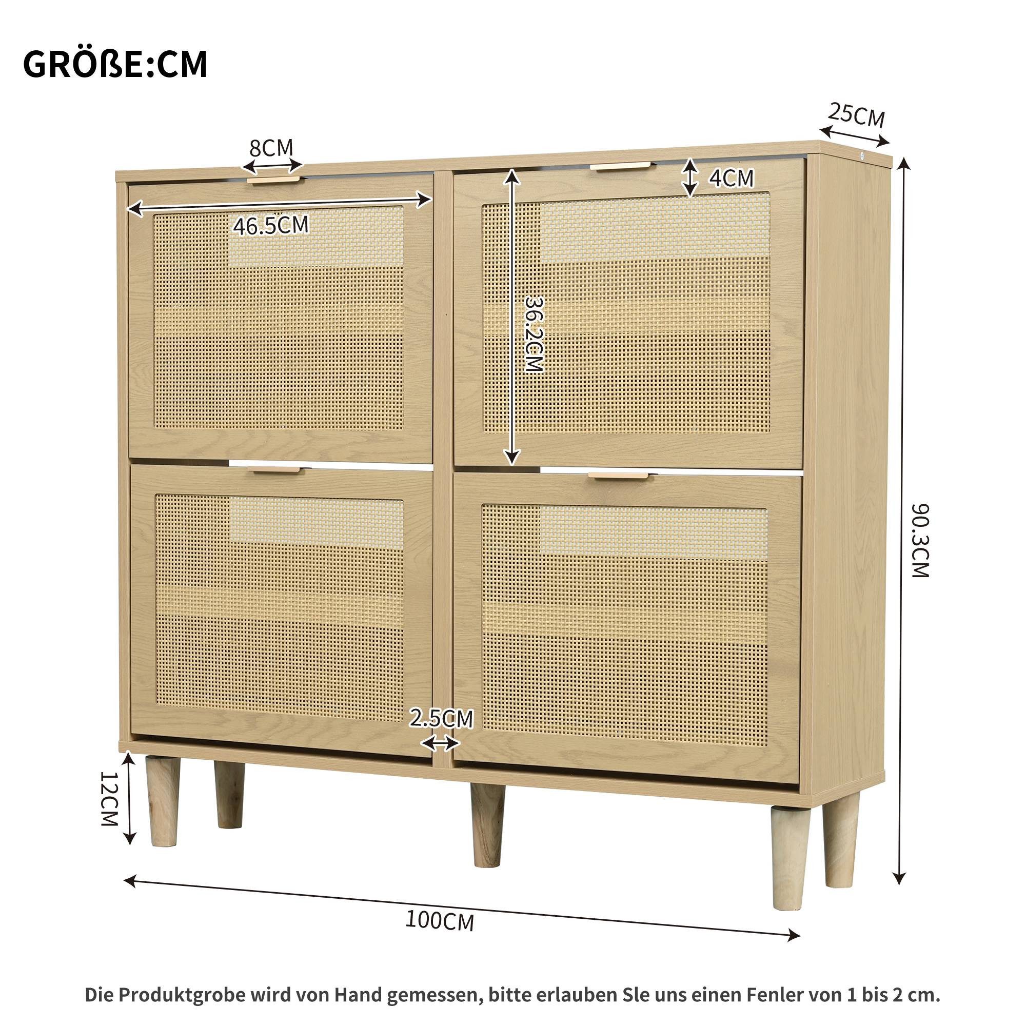 IDEASY Schuhschrank mit 4 Klappschubladen, Schuhkommode aus Rattan mit Metallgriffen, (Schuhregal für Flur, Schlafzimmer, Wohnung,Holzmöbel, Landhausstil) 100 x 25 x 90 cm,Verhindert 26-28 Paar Schuhe