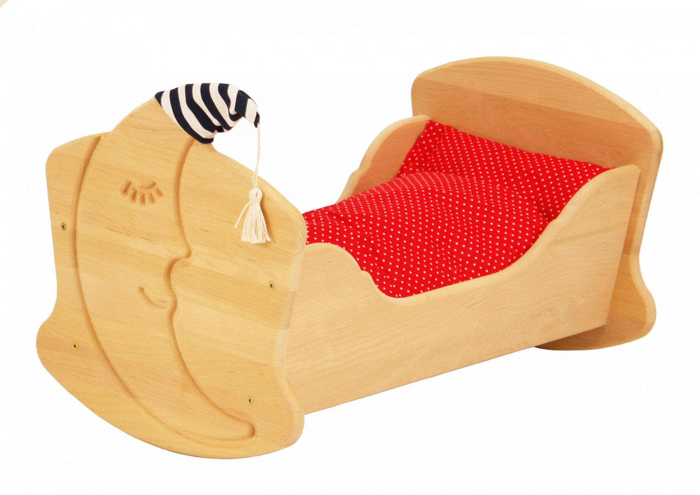 ERST-HOLZ Puppenwiege Puppenwiege aus Holz mit Bettzeug Drewart Puppenbett Holzspielzeug, 933-3017 - Puppenwiege ErleBettzeug rot-getupft