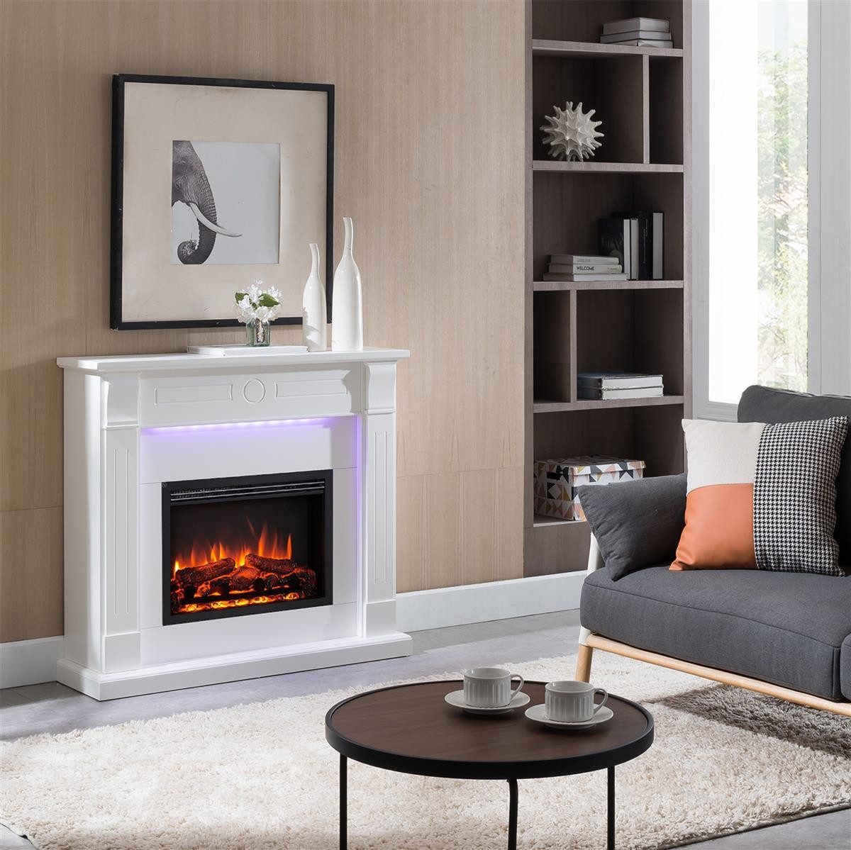 Balderia Elektrokamin Elektrokamin Standkamin BALDERIA Hikaru – Heizung bis 2000 W, weiss, 3D-Flammeneffekt, LED, App-Steuerung, Fernbedienung, Timer