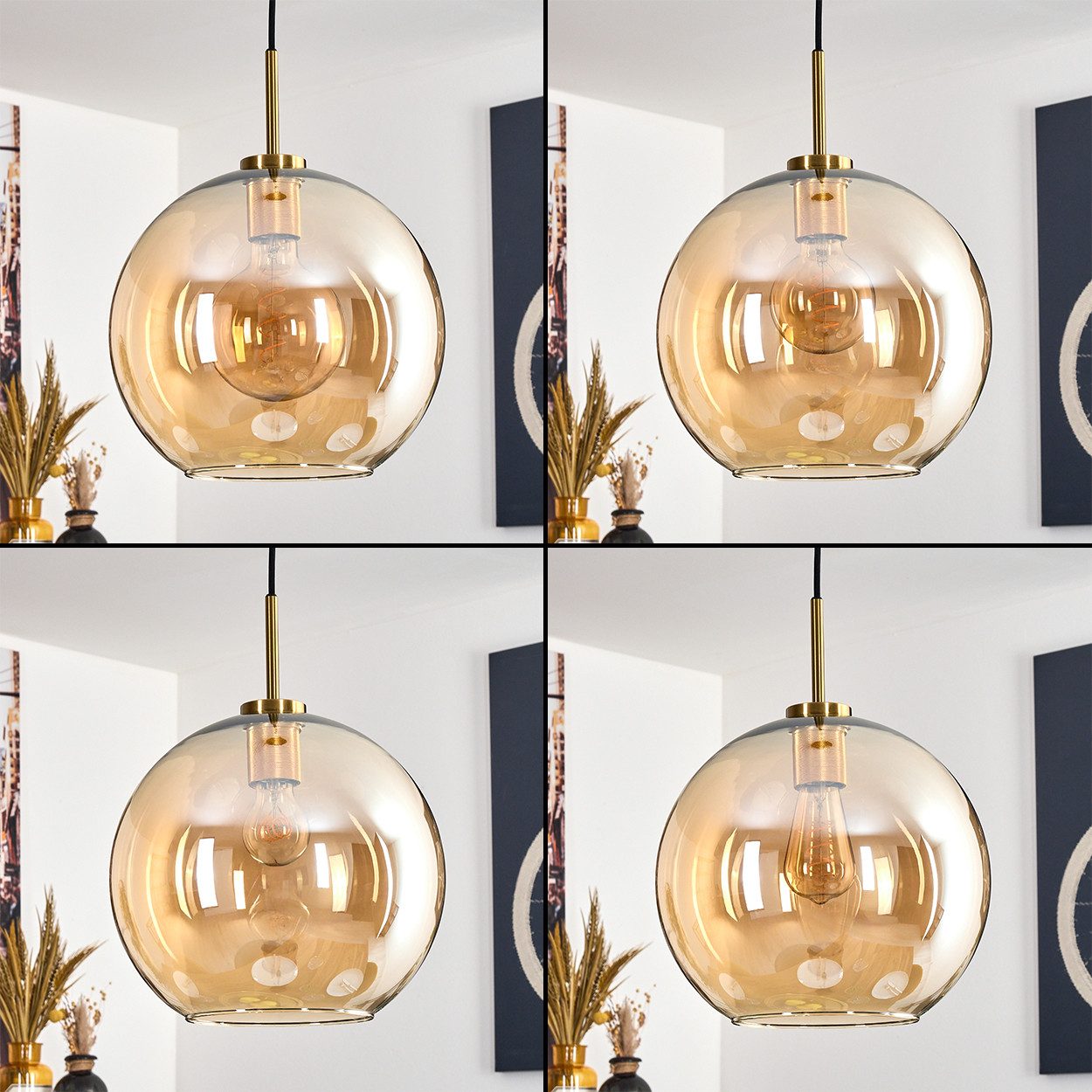 hofstein Hängeleuchte Hängelampe aus Metall/Glas in Schwarz/Gold-/Bernstein günstig online kaufen