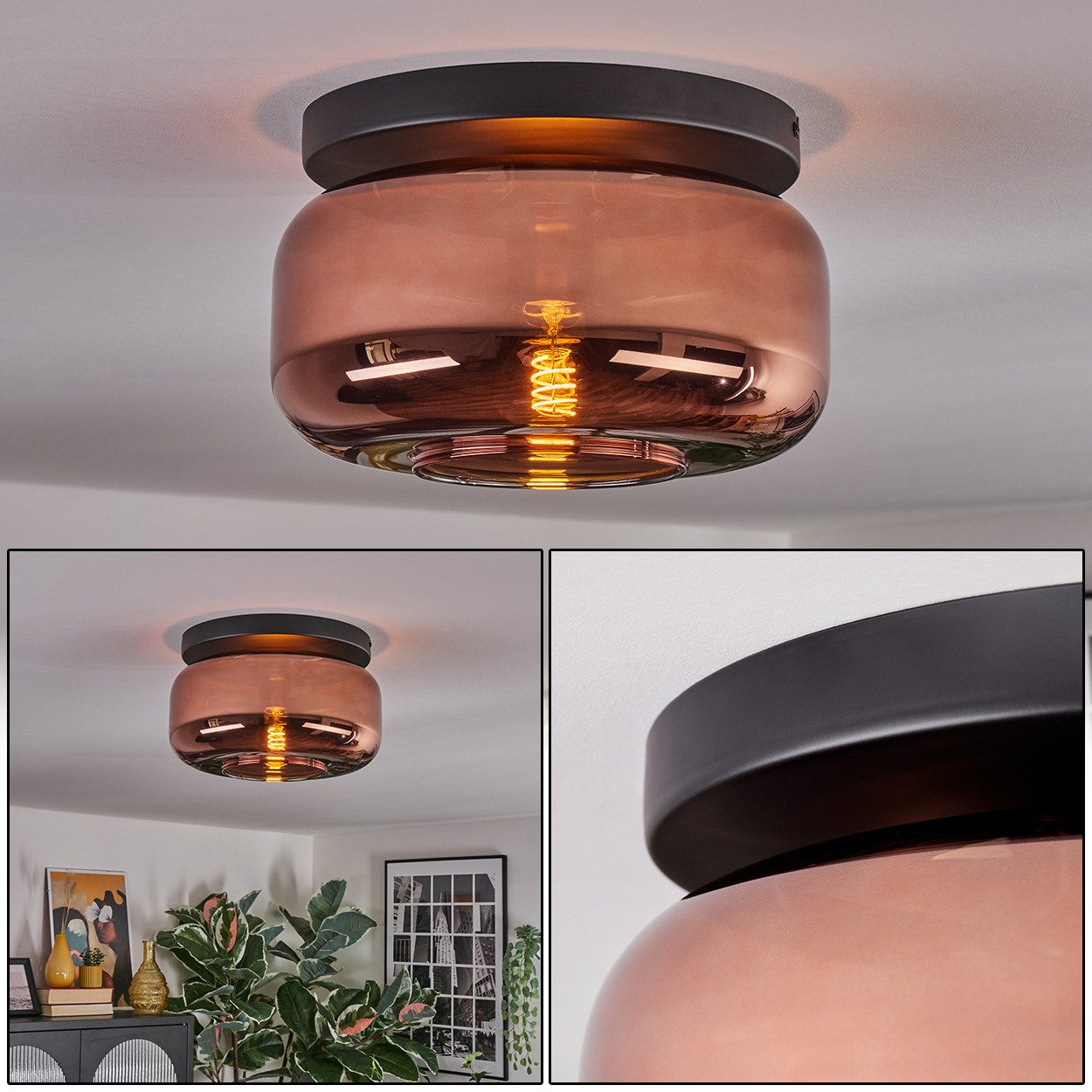 hofstein Deckenleuchte 1-flammige Deckenlampe aus Metall/Glas in Schwarz/Kupferfarben, ohne Leuchtmittel, moderne Leuchte im Retro/Vintage-Design (Schirm Ø 28 cm), E27
