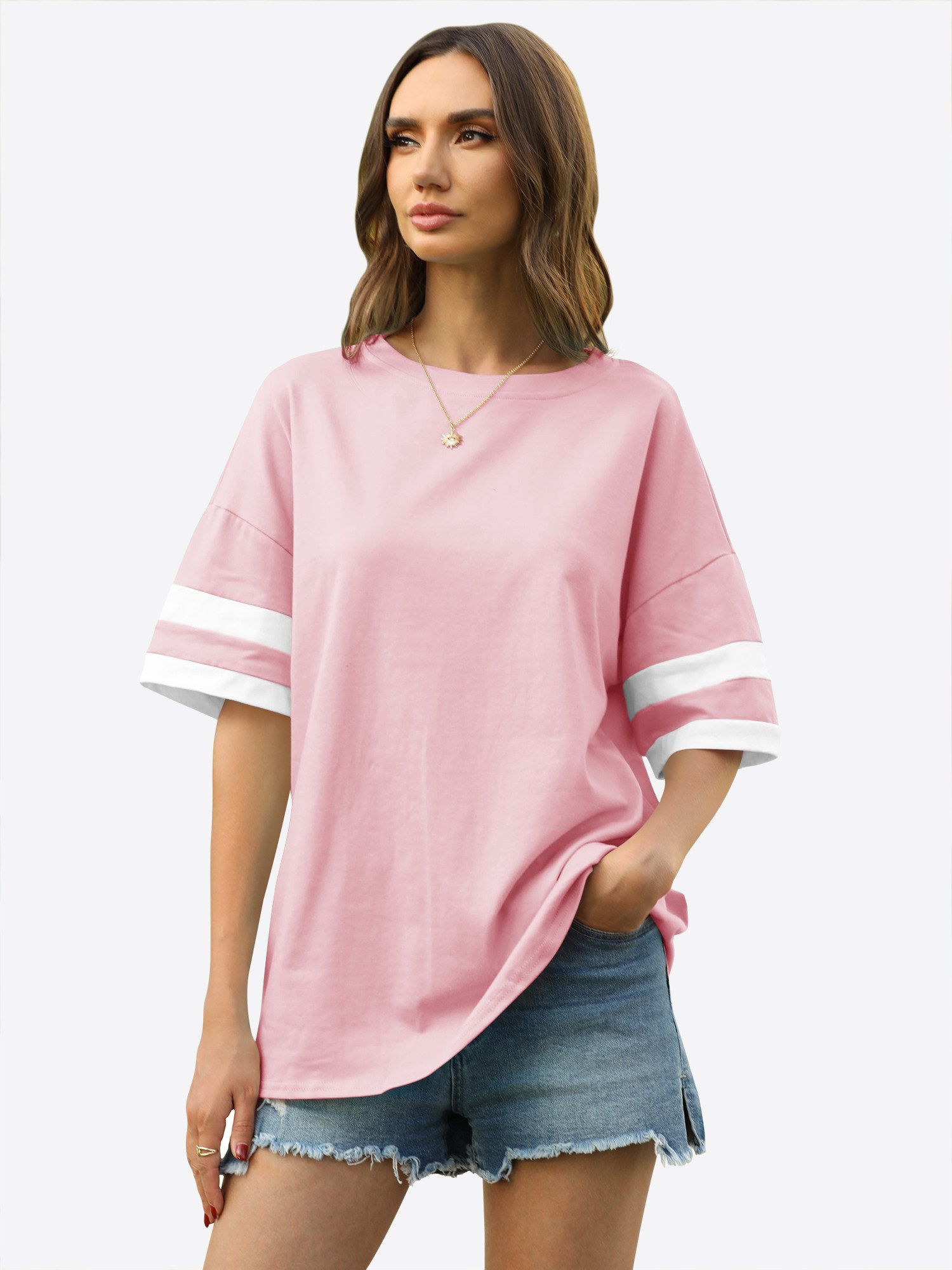 Imily Bela Kurzarmshirt Oversized T-Shirt Rundhalsausschnitt Loose Lässig (Packung, 1-tlg., 1per-Pack) mit Kontraststreifen an den Ärmeln