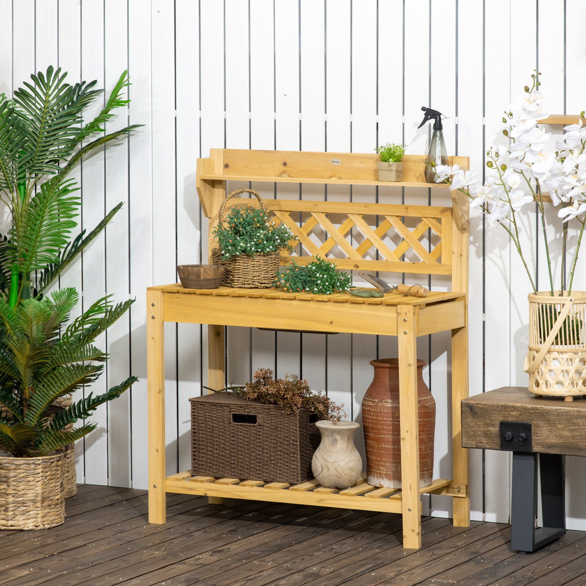 Outsunny Pflanztisch mit Edelstahl-Spülbecken, 2 Ablagefächer, günstig online kaufen