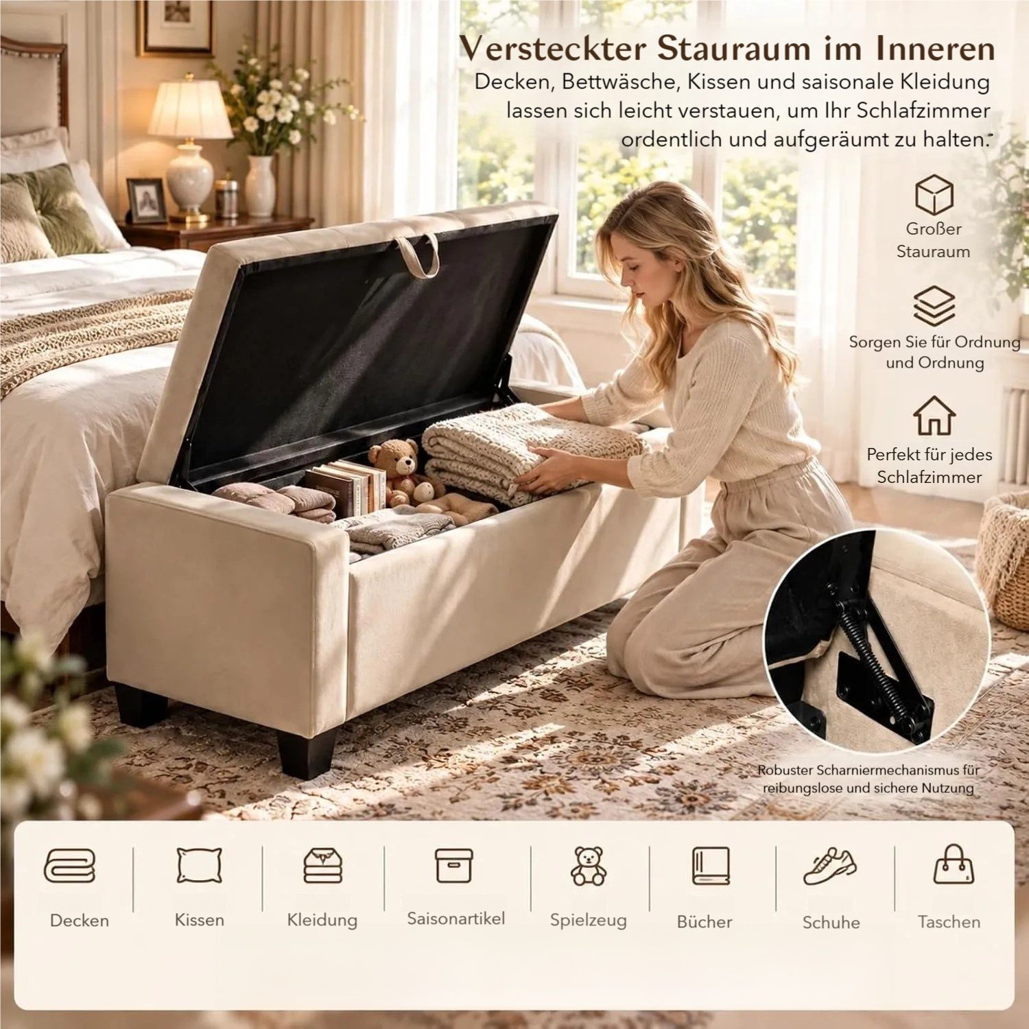 TLGREEN Bettbank Samt Sitzbank mit Stauraum,123x49x42 cm Aufbewahrungsbank, (bis 200 kg belastbar), für Wohnzimmer Schlafzimmer Flur – Bild 4 von 5