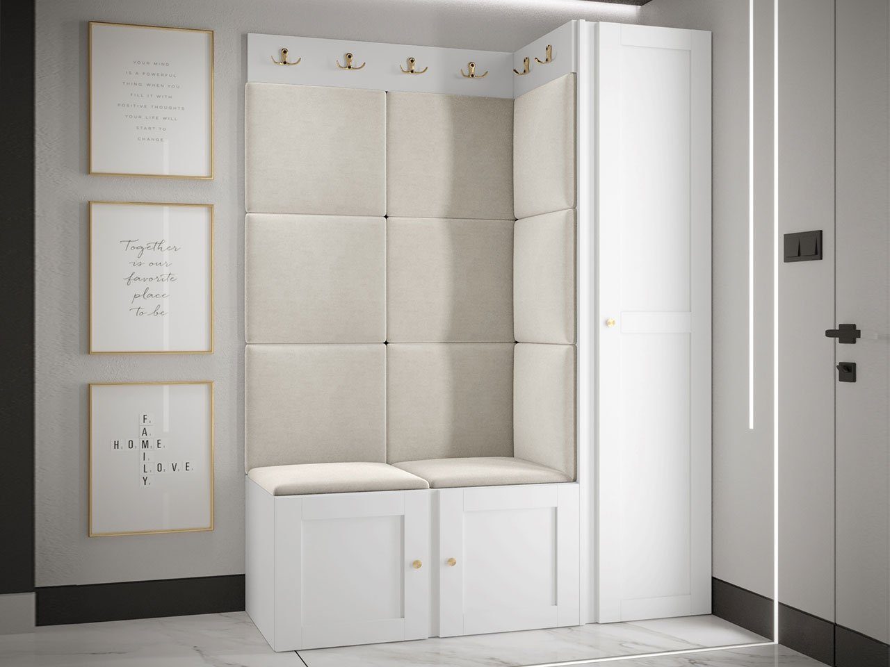 MIRJAN24 Garderoben-Set Orion Ramiro IX, (Kleiderschrank, Schuhschrank, 2x Kleiderhakenbrett, 11x Paneel 42x42), 8 Kleiderhaken für Kleidung, Metallgriffe