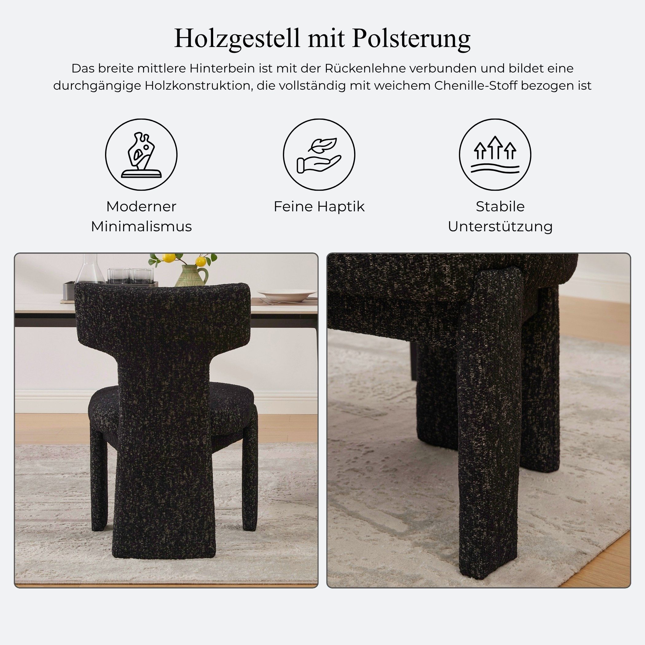 SeedWave Esszimmerstuhl 2er-Set Polsterstühle mit T-Rückenlehne und Chenillebezug (2er Set), Küchenstühle mit Holzrahmen und offenem Design ohne Armlehnen – Bild 5 von 5
