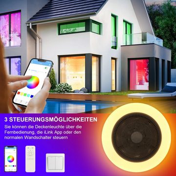 LETGOSPT Deckenleuchte 60W LED RGB Deckenlampe mit Ventilator Fernbedienung Dimmbar, LED fest integriert, RGB Farbwechsel, Kaltweiß, Neutralweiß, Warmweiß, mit Bluetooth, Schlafzimmer Leise Ventilator für Wohnzimmer Küche Hotel
