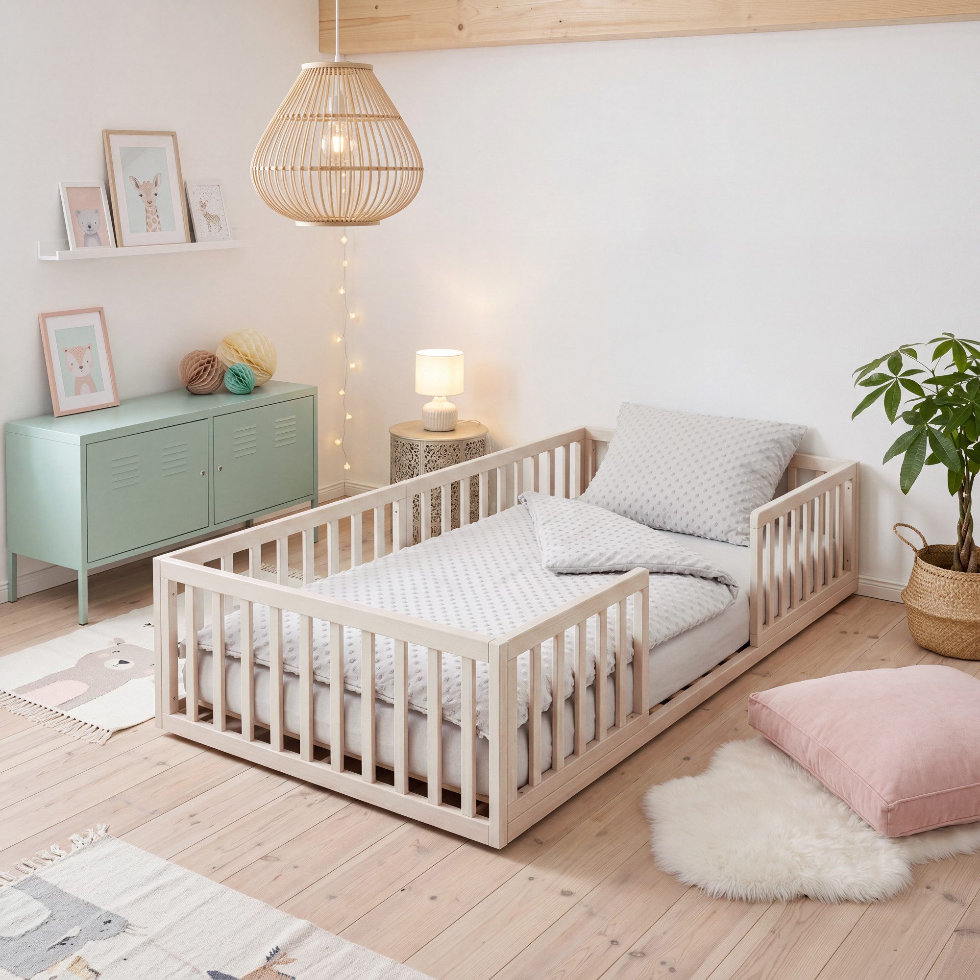 roba® Kinderbett - Bodenbett aus stabilem Holz - Montessori - Kinder & Kleinkinder (Liegefläche: 70 x 140 cm, 90 x 200 cm, 120 x 200 cm, 140 x 200 cm, Spielbett - Inklusive Lattenrost & Rausfallschutz), Bodennahes Schlafkonzept für Kleinkinder