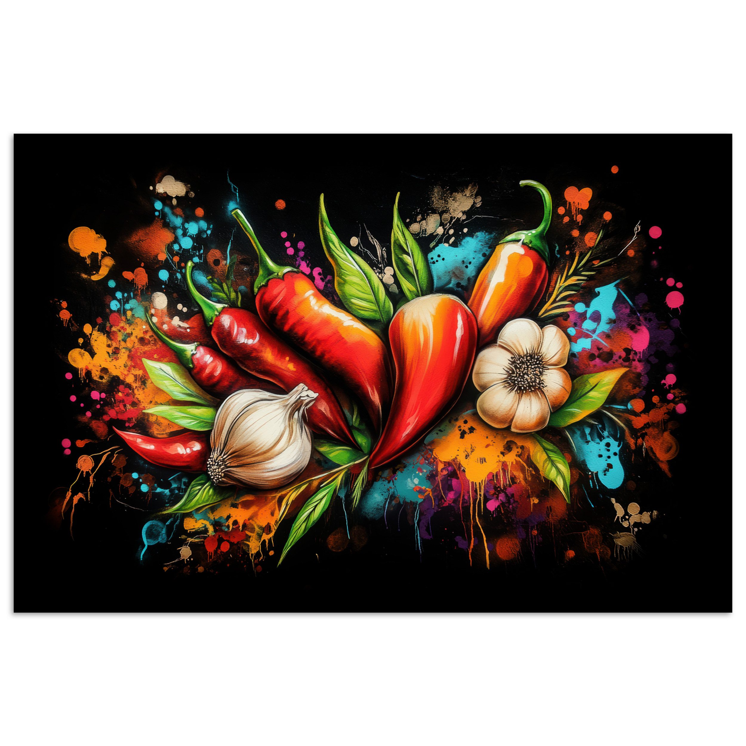 MuchoWow Poster Gemüse - Paprika - Knoblauch - Graffiti - Farbe - Bunt, (1 St), Poster ohne Rahmen, Wandbild, Wandposter, 30x20 cm