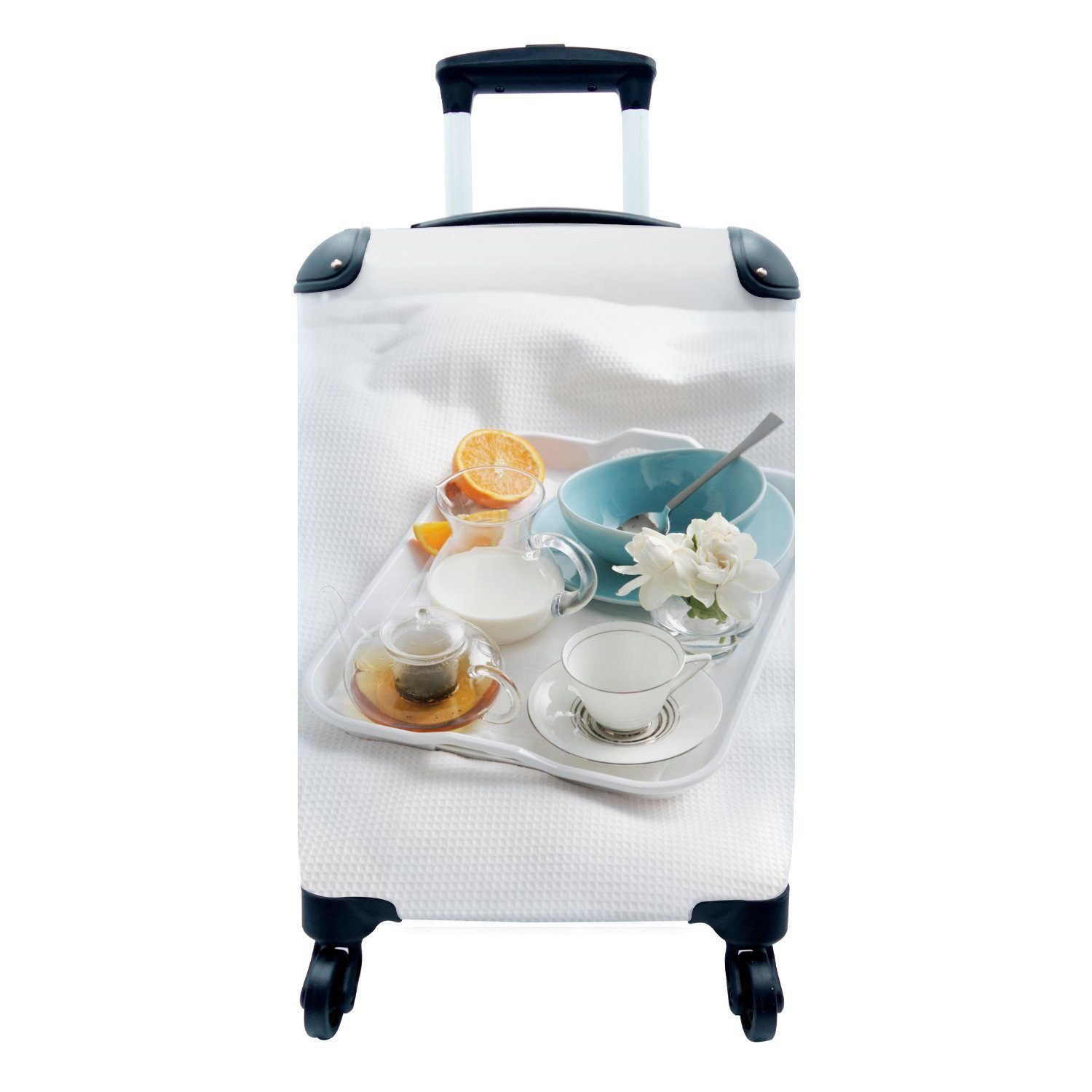 Reisetasche und Rollen, mit Bett rollen, weißen Ferien, Tee im Handgepäck für Blumen, Handgepäckkoffer Frühstück 4 Reisekoffer MuchoWow Trolley, mit