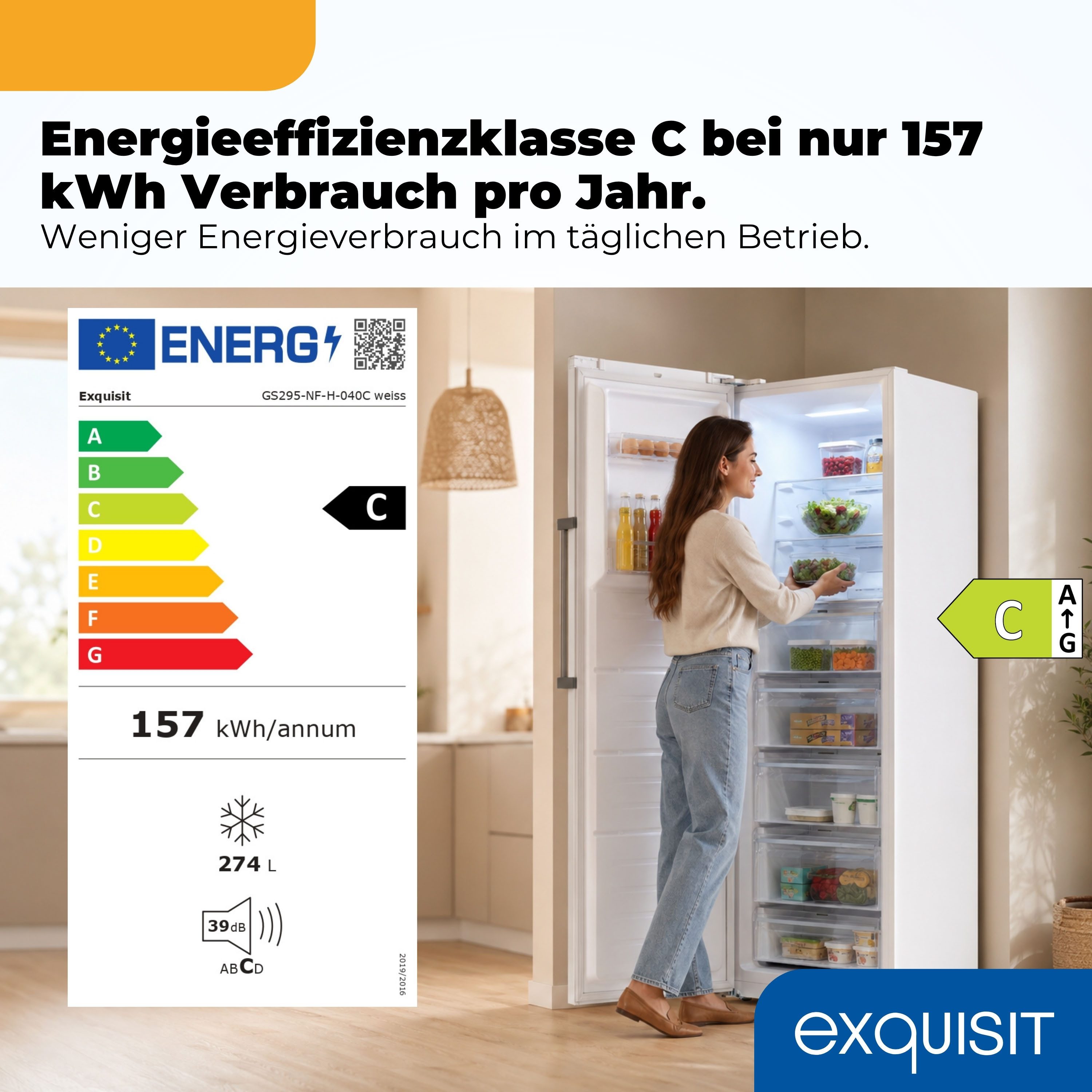 exquisit Gefrierschrank GS295-NF-H-040C weiss, 185 cm hoch, 60 cm breit, Viel Platz, starke Gefrierleistung & No Frost für eisfreies Gefrieren