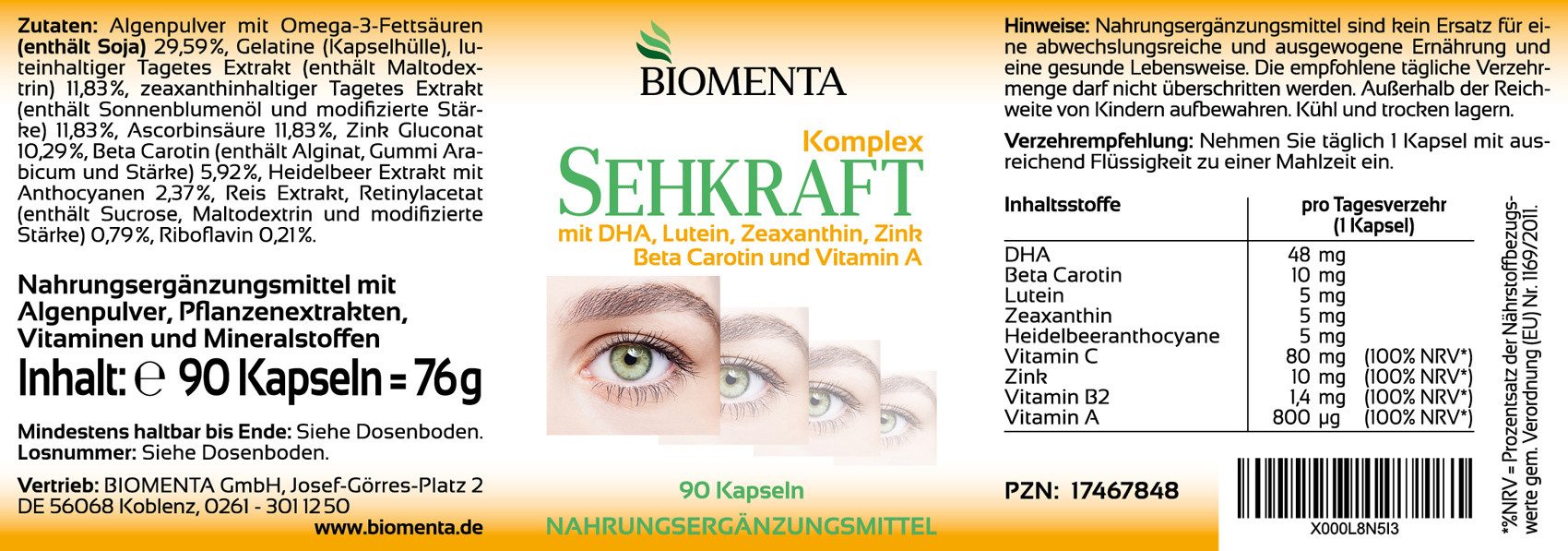 BIOMENTA Sehkraft Komplex - 90 Augen Vitamine Kapseln: Lutein, Zeaxanthin uvm. Kapseln, 76 g