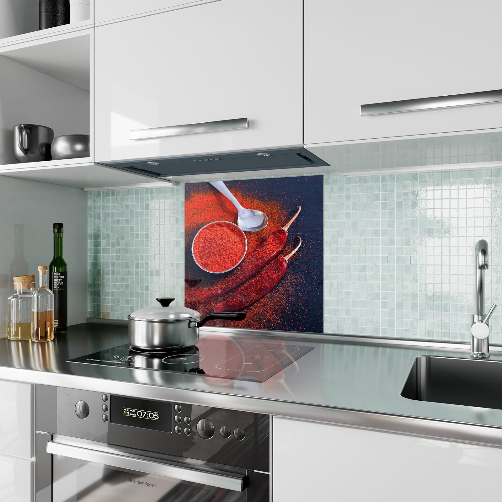Küchenrückwand Glas mit Spritzschutz Küchenrückwand und Motiv Primedeco Chilipulver Löffel