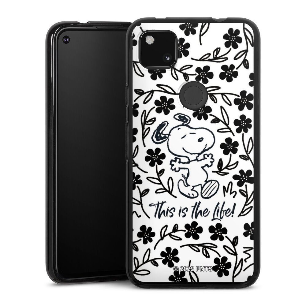 DeinDesign Handyhülle Peanuts Blumen Snoopy Snoopy Black and White This Is The Life, Google Pixel 4a Silikon Hülle Bumper Case Handy Schutzhülle