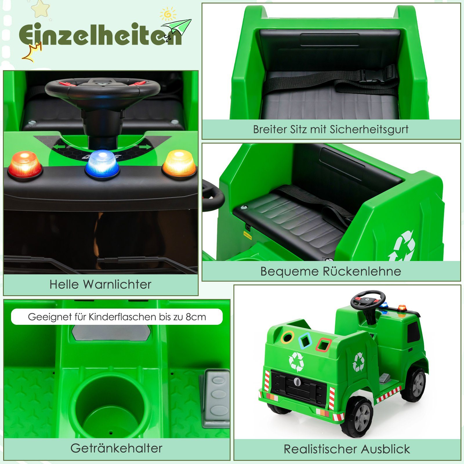 inkl. 6 12V grün COSTWAY Elektro-Kinderauto Zubehör Müllwagen,