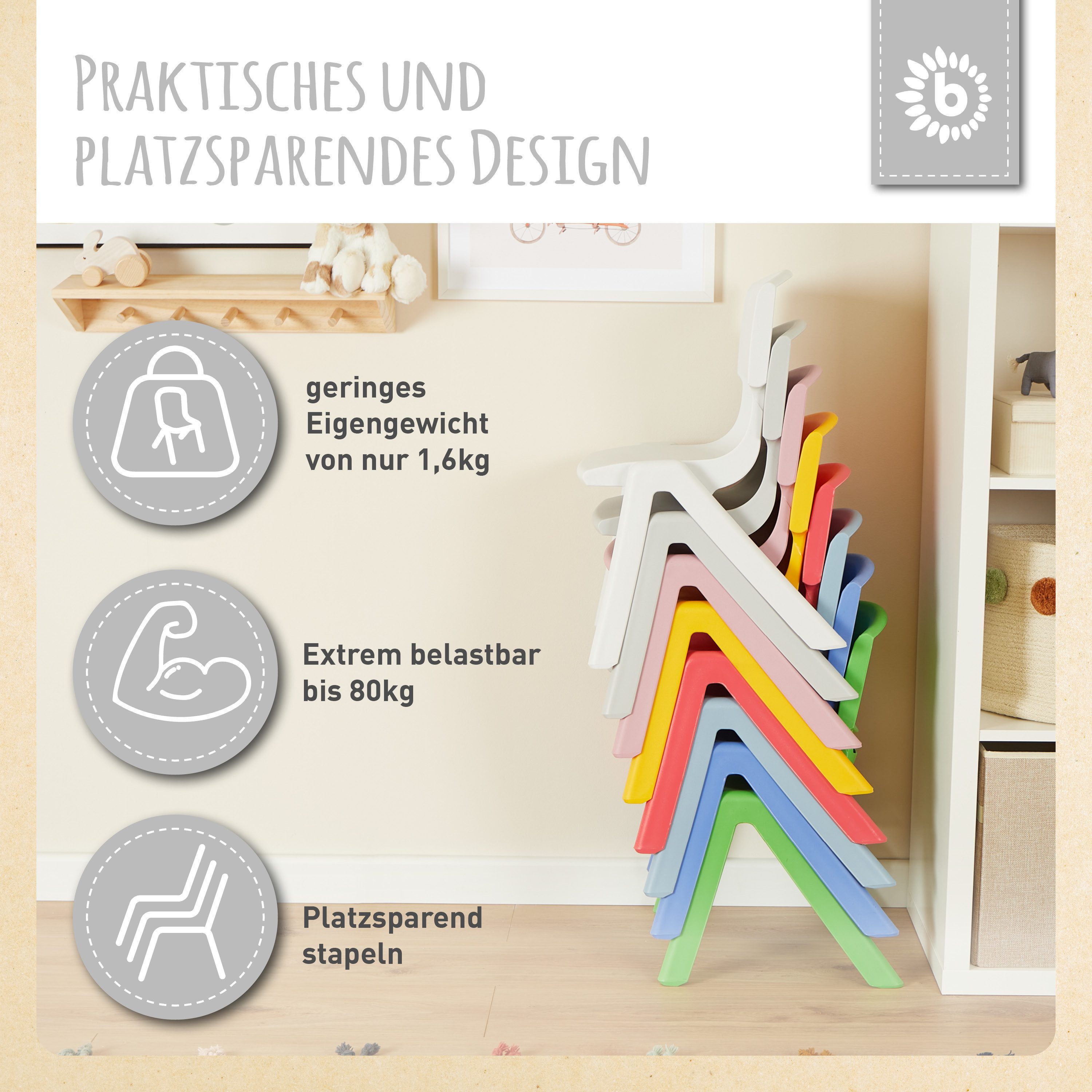 BIECO Stuhl Bieco Kinderstuhl bis 80kg Stapelbar, Kippsicher Kinder Stuhl – Bild 4 von 5