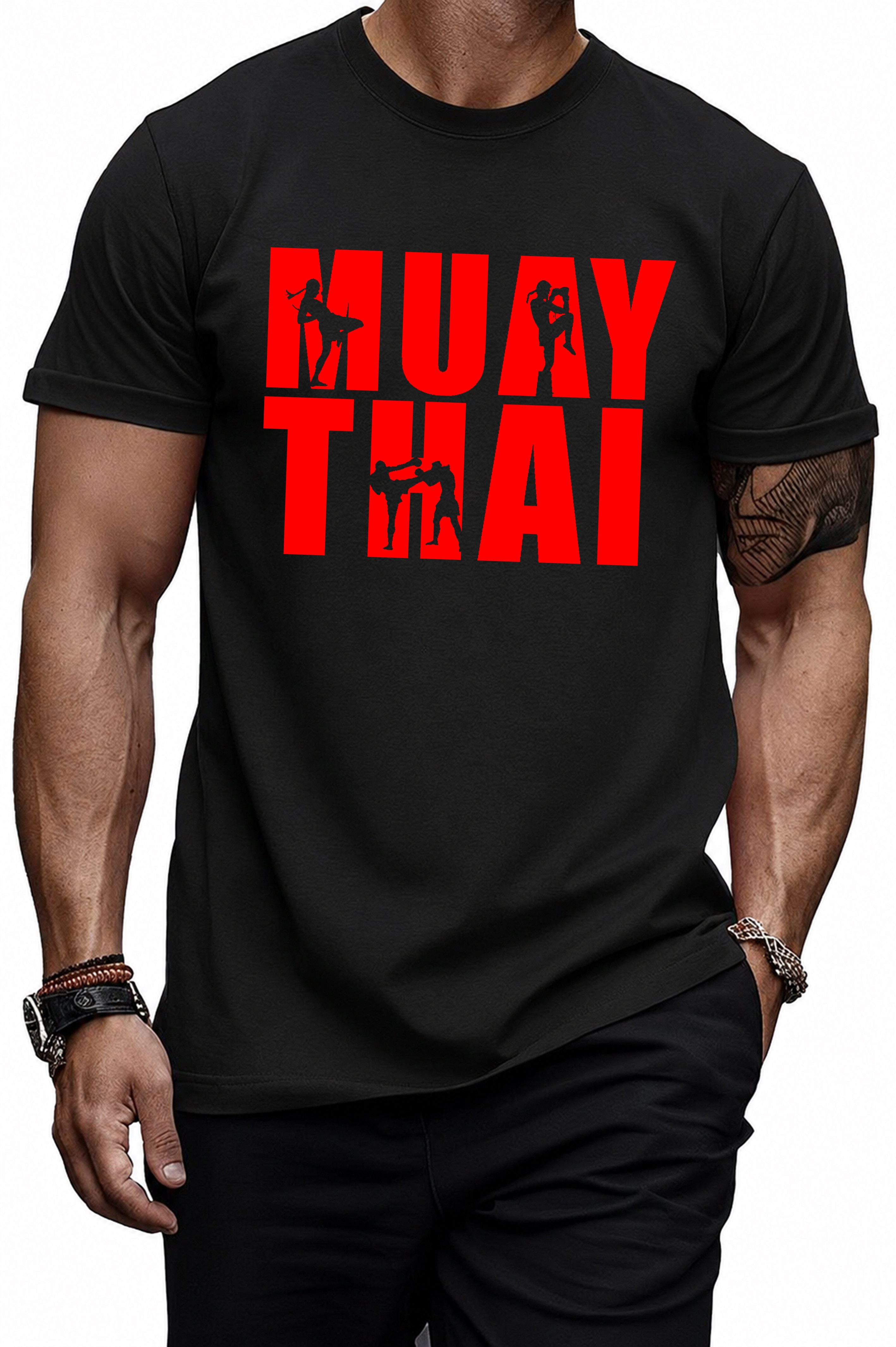 Banco T-Shirt Herren Muay Thai Boxen Kampfsport Printshirt Kurzarm Rundhals Muay-Thai-Frontprint mit Kämpfer-Silhouetten im Streetwear-Look
