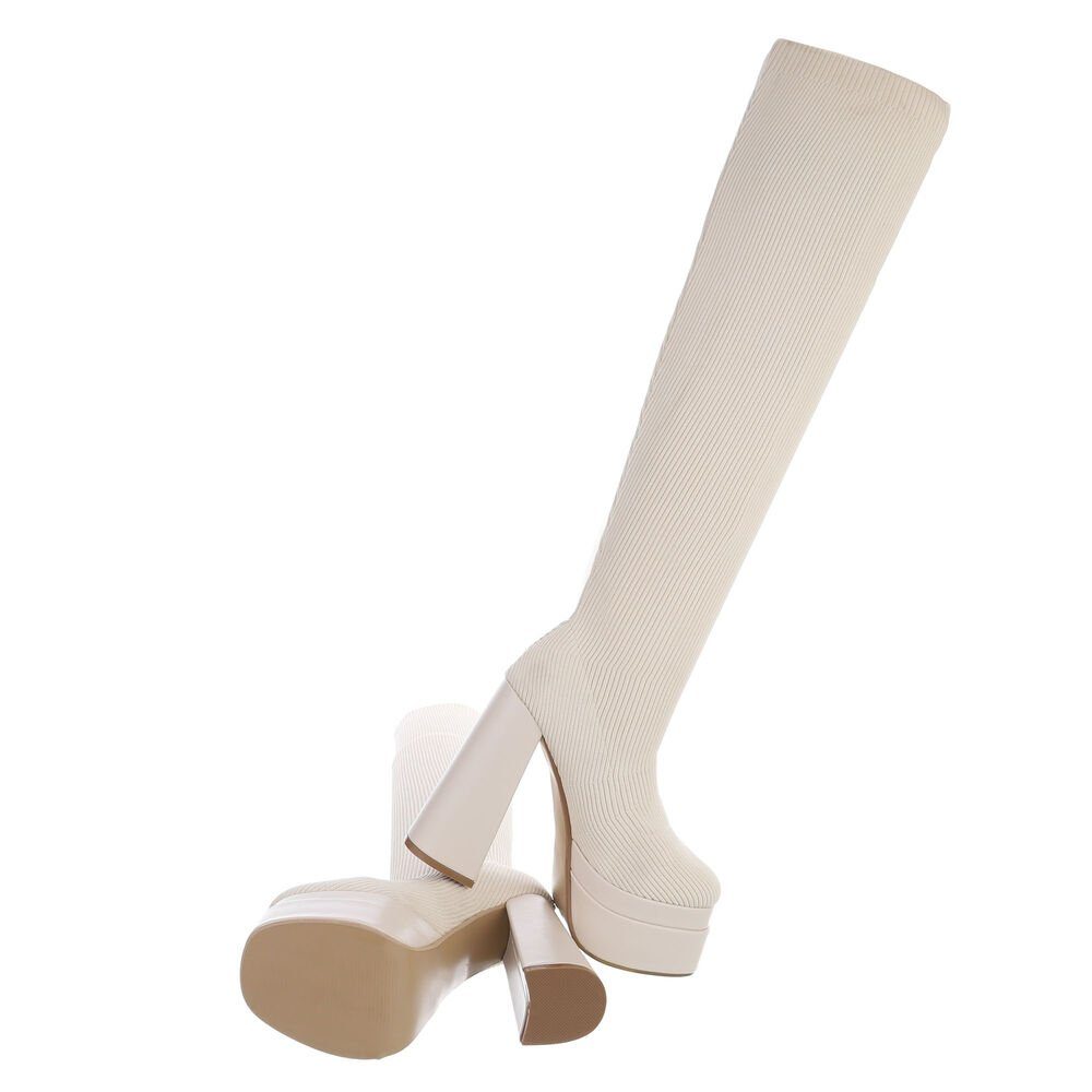 Ital-Design Damen Party & Clubwear Overkneestiefel Blockabsatz High-Heel Stiefel in Beige