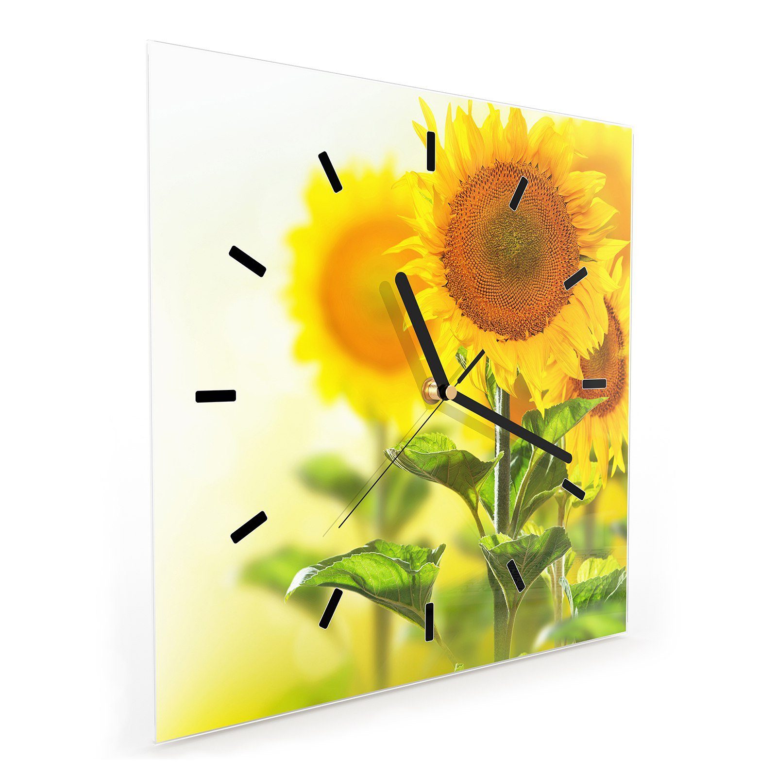 Primedeco Wanduhr 30 Sonnenblumenzweige Größe 30 x Wanduhr mit cm Wandkunst Motiv Glasuhr